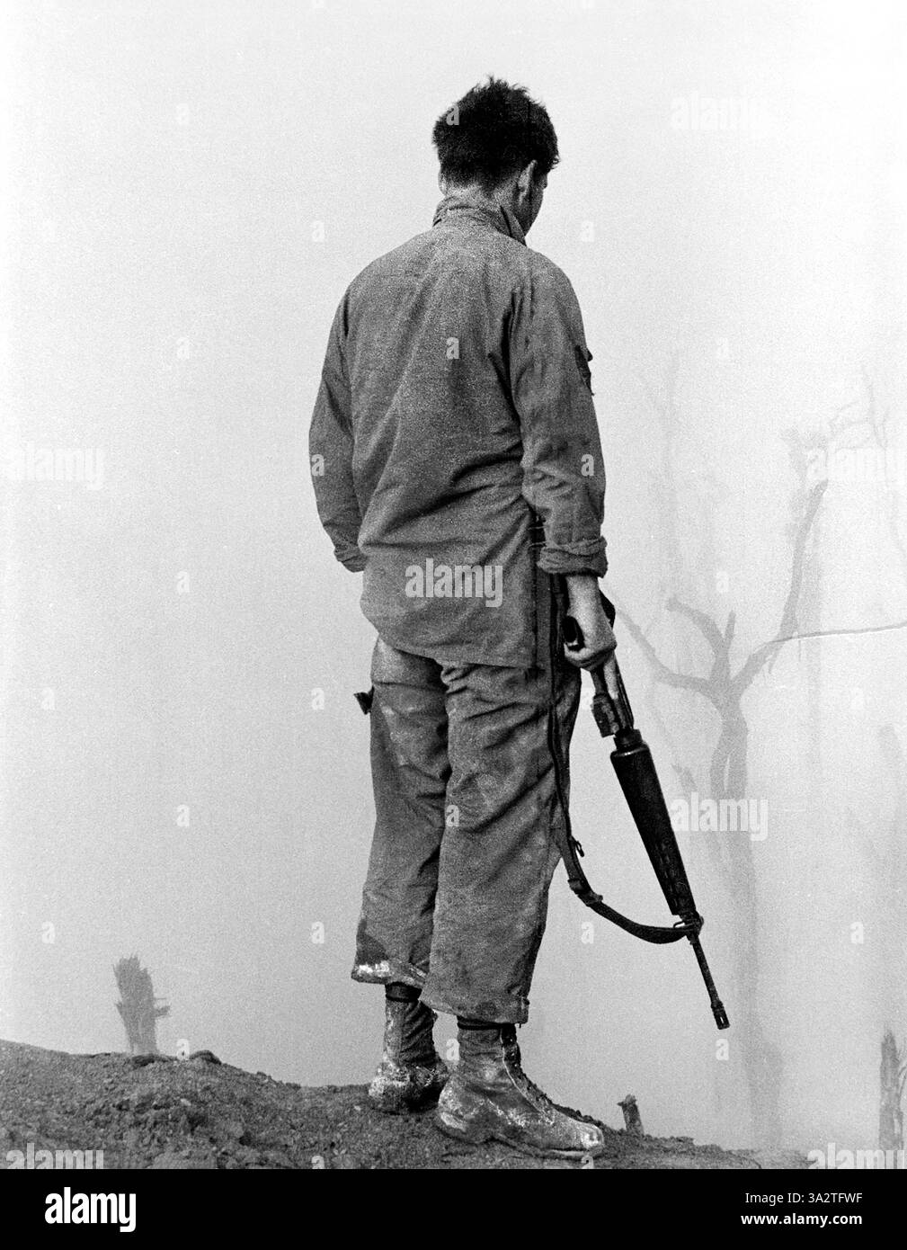 Membro della 5th Infantry Division (Mechanized) degli Stati Uniti, che guarda su Una valle di Shau, Vietnam, U.S. Army Signal Corps, 1969 Foto Stock