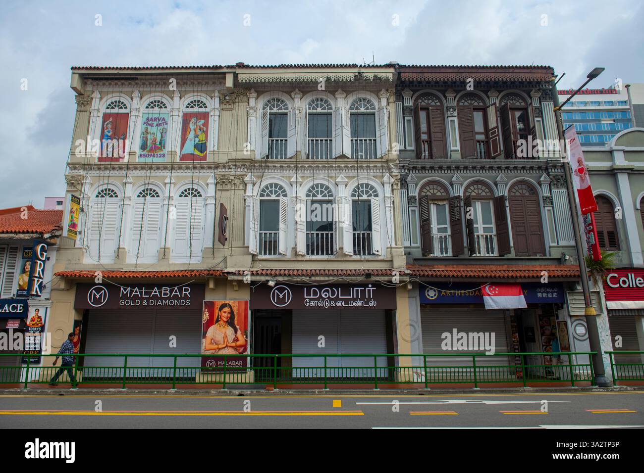Edifici commerciali storici su Serangoon Road a Belilios Road a Little India, quartiere di Rochor nell'area centrale di Singapore. Foto Stock