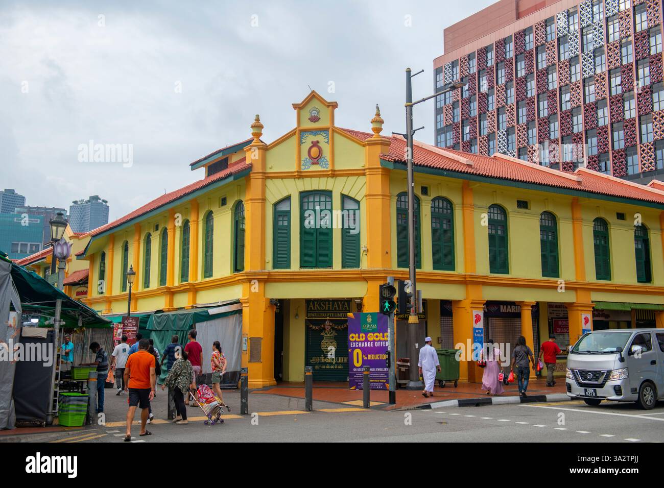 Edifici commerciali storici su Serangoon Road a Campbell Lane a Little India, quartiere di Rochor nell'area centrale di Singapore. Foto Stock