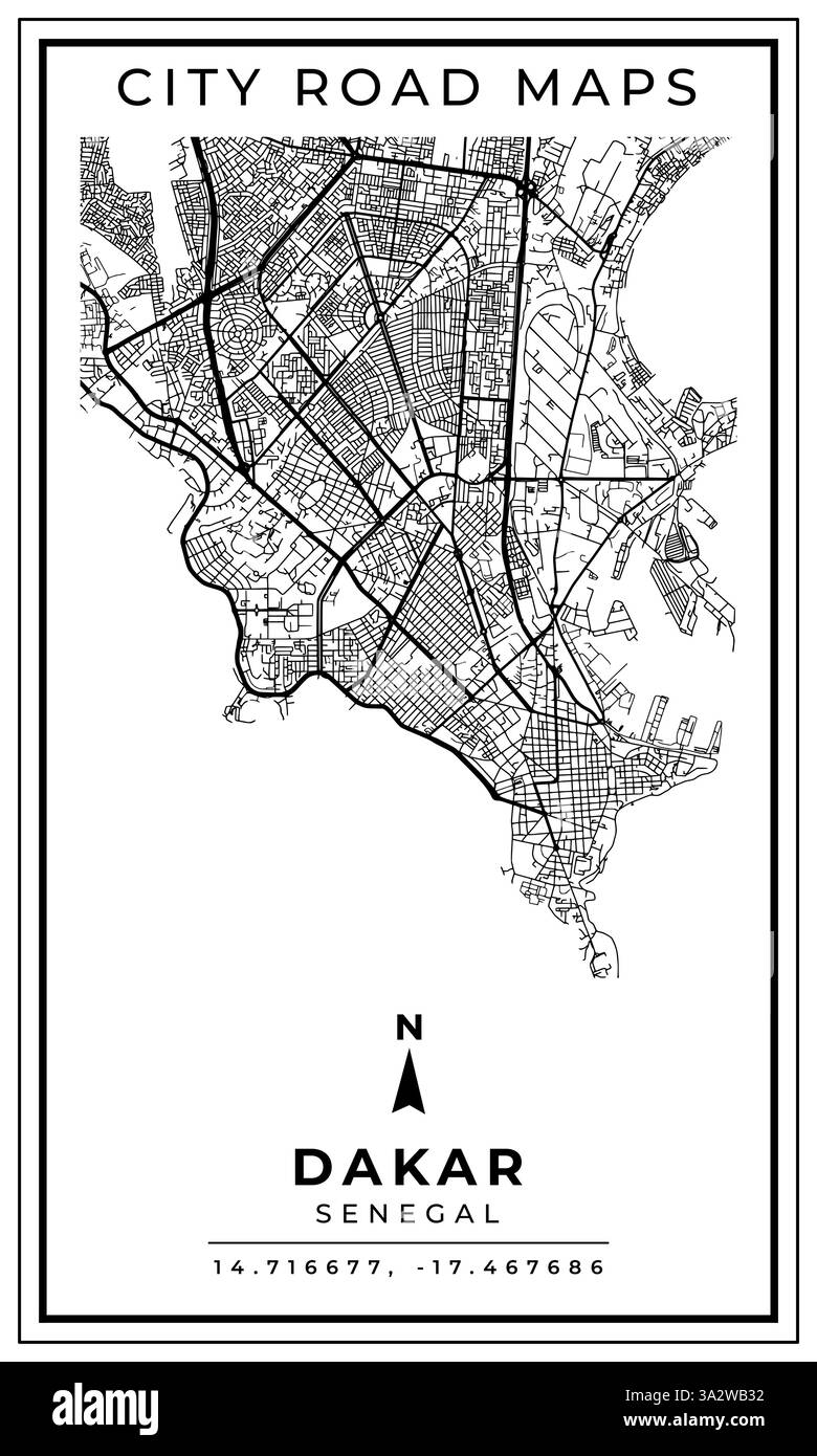 Mappa stradale stampabile in bianco e nero della città di Dakar, Senegal, poster con posizione coordinata, illustrazione vettoriale Illustrazione Vettoriale