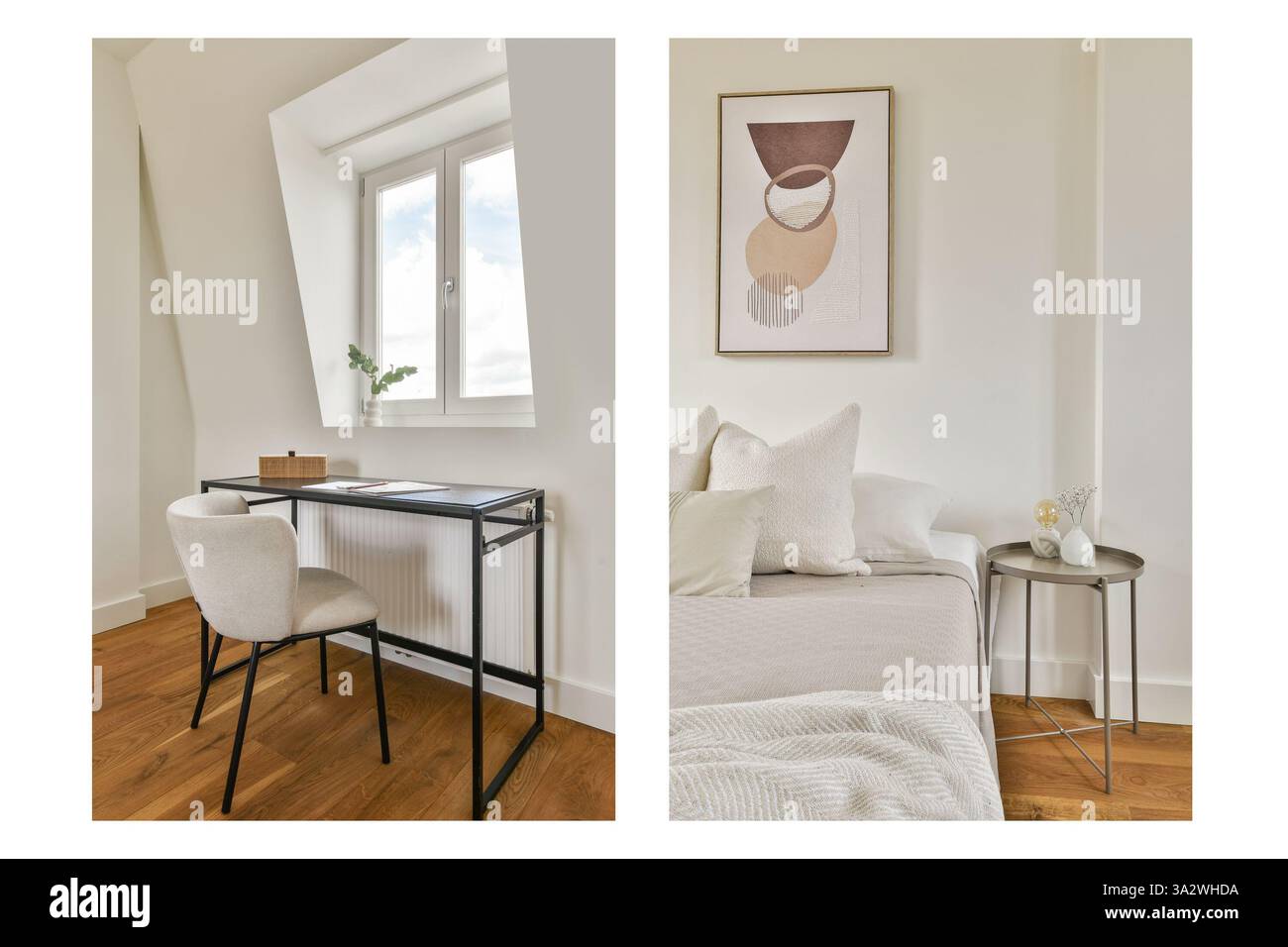 Interni eleganti e moderni, con un'area di lavoro accogliente e una comoda area salotto, che enfatizza il minimalismo e la luce naturale. Foto Stock