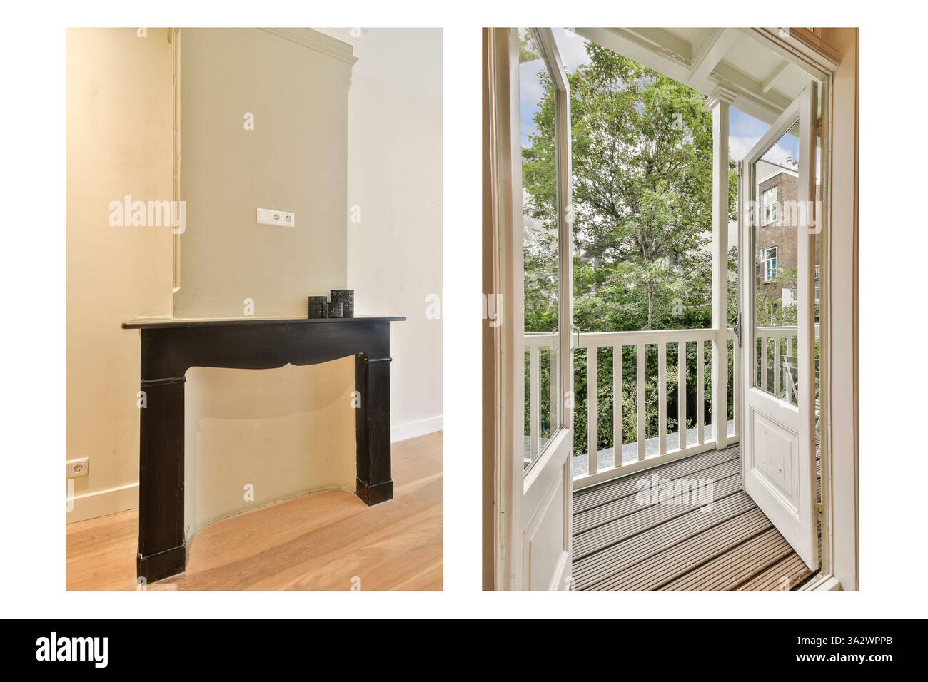 L'immagine mostra un interno elegante caratterizzato da un mantello nero e da una vista luminosa da un balcone incorniciato da porte bianche, che mette in risalto il design moderno. Foto Stock