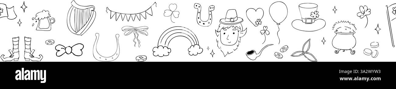 Decorazioni in stile doodle per il giorno di San Patrizio con decorazioni tradizionali. Arcobaleno, arpa, monete e trifoglio fortunato. . Illustrazione vettoriale Illustrazione Vettoriale