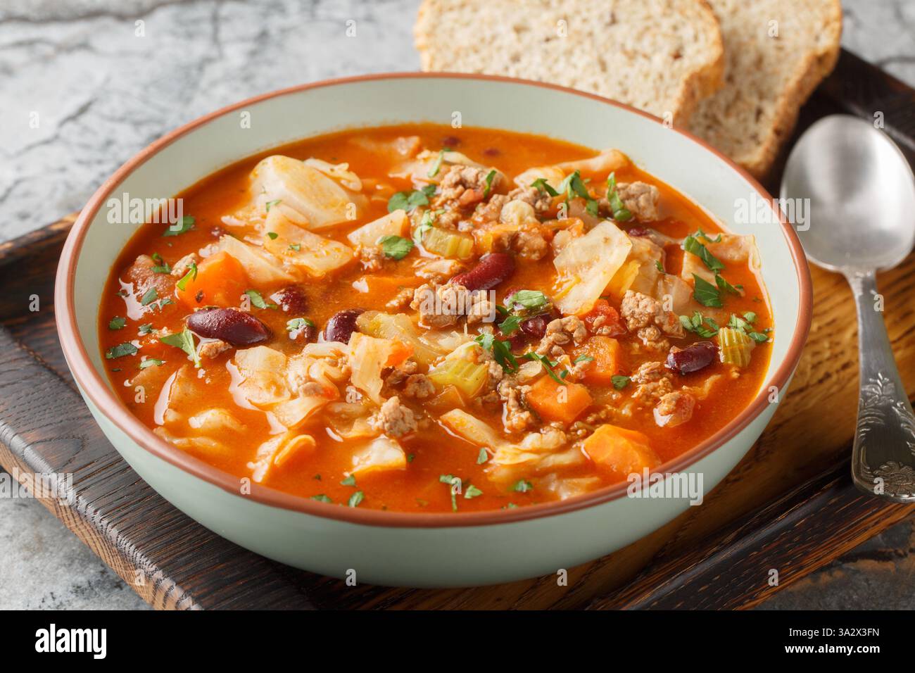 Ottima zuppa di manzo e cavolo con ingredienti aggiuntivi: Pomodoro, fagioli renali, carote e sedano nel piatto sul tavolo. Orizzontale Foto Stock