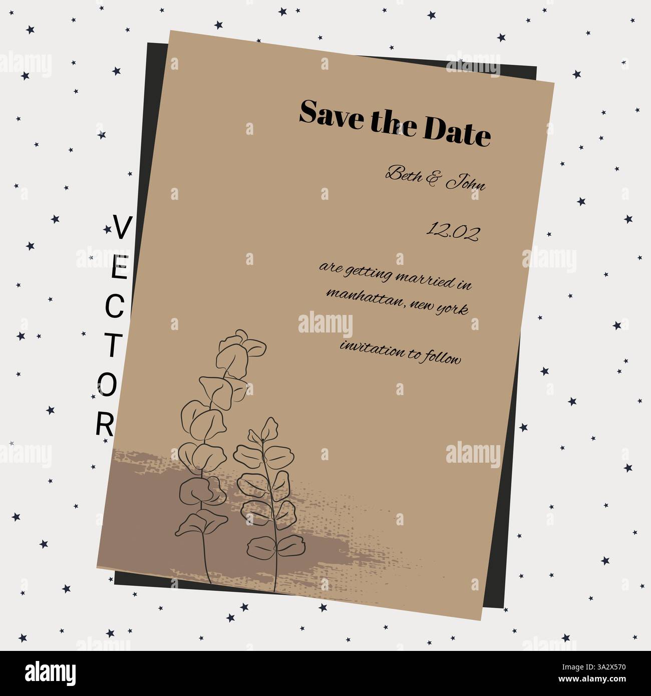 Invito al matrimonio e salvare il modello di pennello da data con il modello di eucalipto Illustrazione Vettoriale