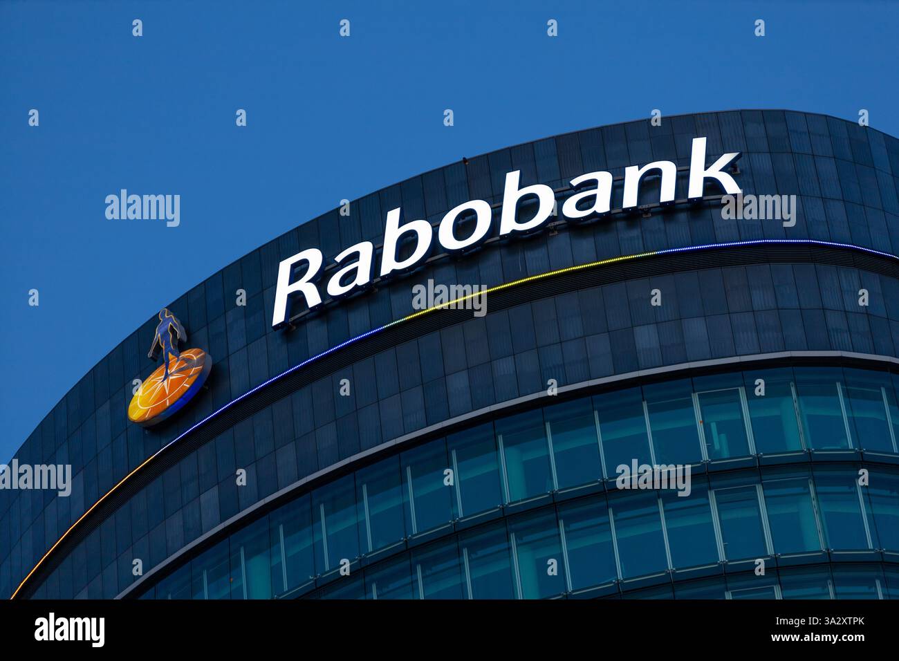 Logo Rabobank all'ingresso della sede centrale. Foto Stock