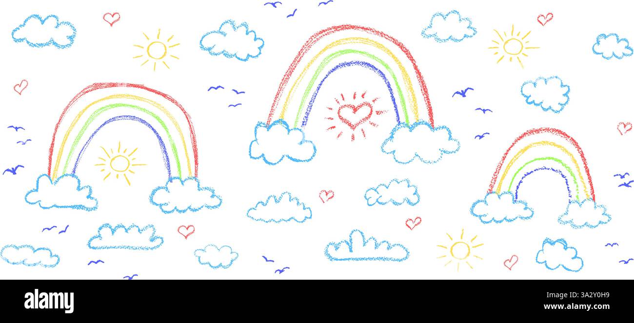 Set di nuvole astratte a matita e arcobaleno. Cartoon disegnato a mano cielo nuvoloso e sole. Collezione di illustrazioni vettoriali di cuori e uccelli colorati Illustrazione Vettoriale
