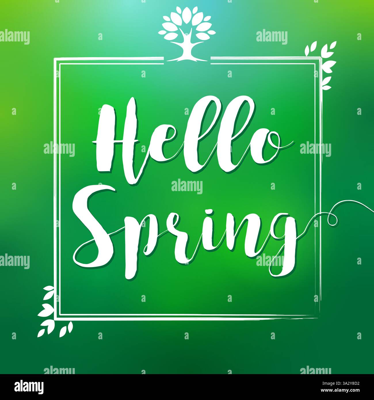 Design del biglietto d'auguri di primavera. Poster dei social media. Storia della linea temporale della rete Internet. Progettazione di post Web. Cornice floreale, sfocatura astratta verde bg Illustrazione Vettoriale