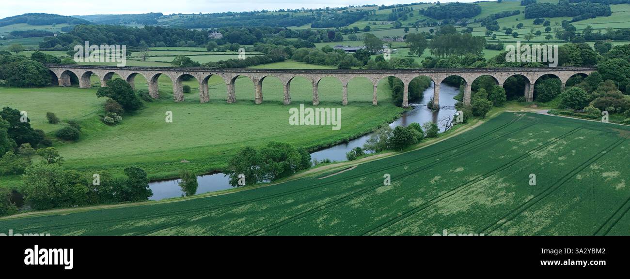 Vista panoramica del viadotto di Arthington, noto anche come viadotto di Castley o viadotto di Wharfedale, ponte ferroviario che attraversa la valle di Wharfe. Arthington Foto Stock