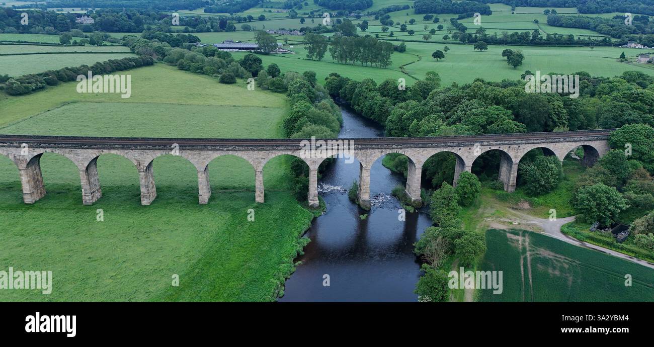 Vista panoramica del viadotto di Arthington, noto anche come viadotto di Castley o viadotto di Wharfedale, ponte ferroviario che attraversa la valle di Wharfe. Arthington Foto Stock