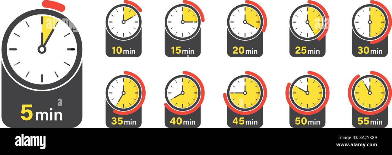 Da 5 minuti a 55 minuti con una collezione di icone del cronometro in stile piatto. Illustrazione vettoriale del timer del quadrante dell'orologio su sfondo isolato. Conto alla rovescia si Illustrazione Vettoriale