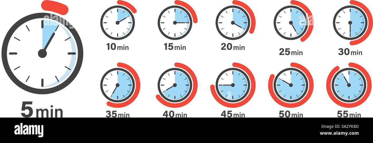 Da 5 minuti a 55 minuti con una collezione di icone del cronometro in stile piatto. Illustrazione vettoriale del timer del quadrante dell'orologio su sfondo isolato. Conto alla rovescia si Illustrazione Vettoriale