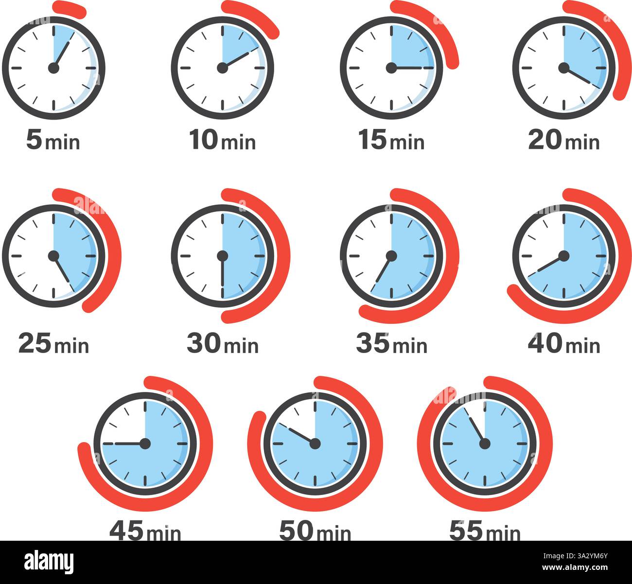 Da 5 minuti a 55 minuti con una collezione di icone del cronometro in stile piatto. Illustrazione vettoriale del timer del quadrante dell'orologio su sfondo isolato. Conto alla rovescia si Illustrazione Vettoriale