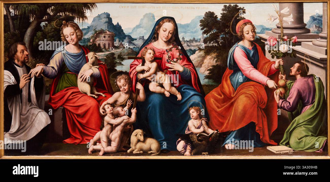 La Vergine del Venerabile Agnesio, olio su legno, Joan de Joanes (Valencia, c. 1505 - Bocairent, 1579), Museo de Bellas Artes de Valencia, Comunidad Valenciana, Spagna. Questo olio su legno fu dipinto in memoria del Venerabile Agnesio, che appare a sinistra ponendo una fede nuziale al dito di Sant'Agnese, a cui era dedicato. La Vergine Maria e il bambino sono al centro di questa composizione altamente rinascimentale. Intorno a loro si trovano San Giovanni Evangelista e, accanto all'agnello, San Giovanni Battista, che si tiene in fondo alla croce e incoraggia due santi innocenti a salire su i Foto Stock