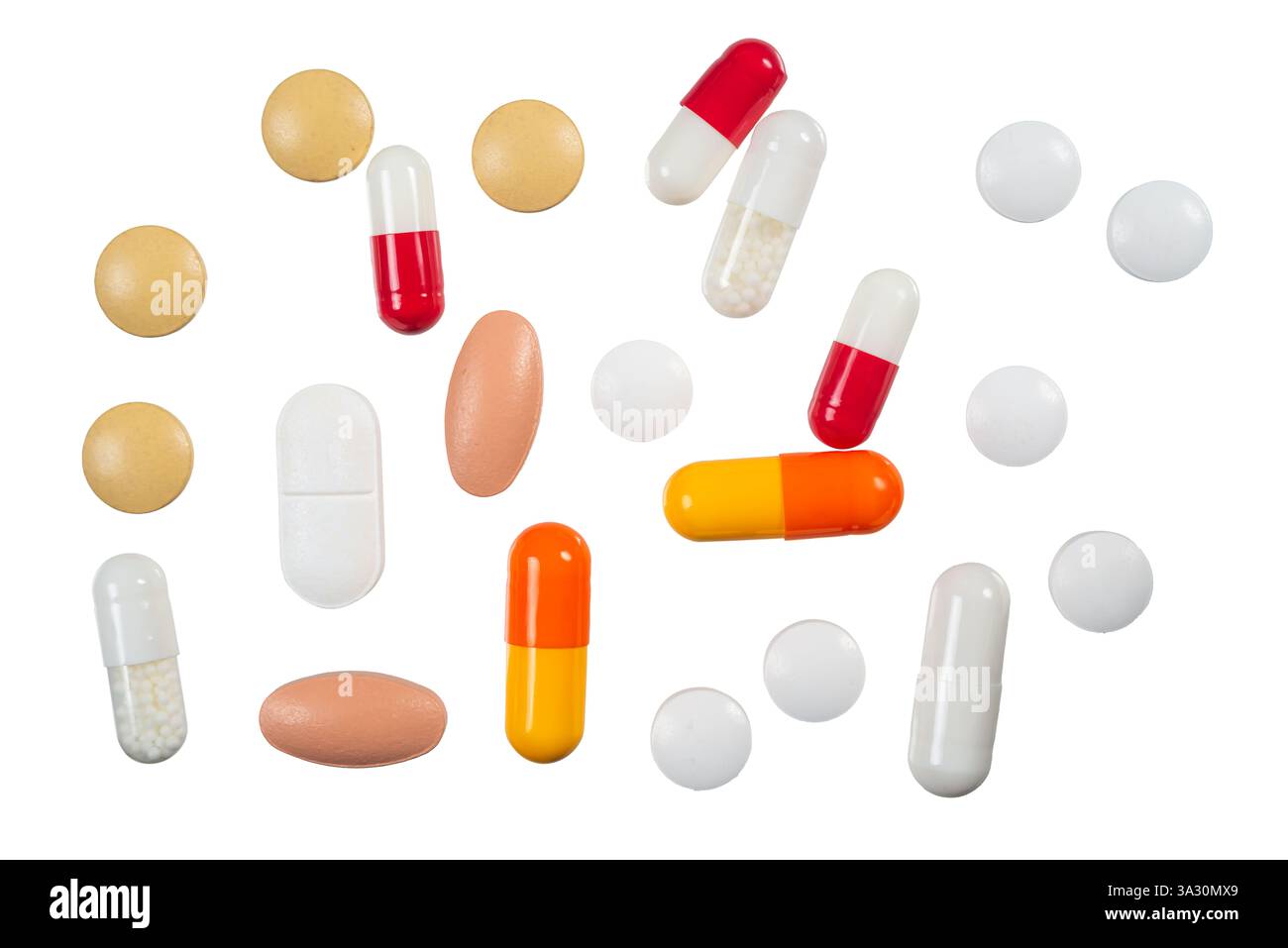 Una collezione di capsule e compresse diverse in varie dimensioni e colori visualizzate su uno sfondo neutro, che mostra il loro aspetto unico. Foto Stock