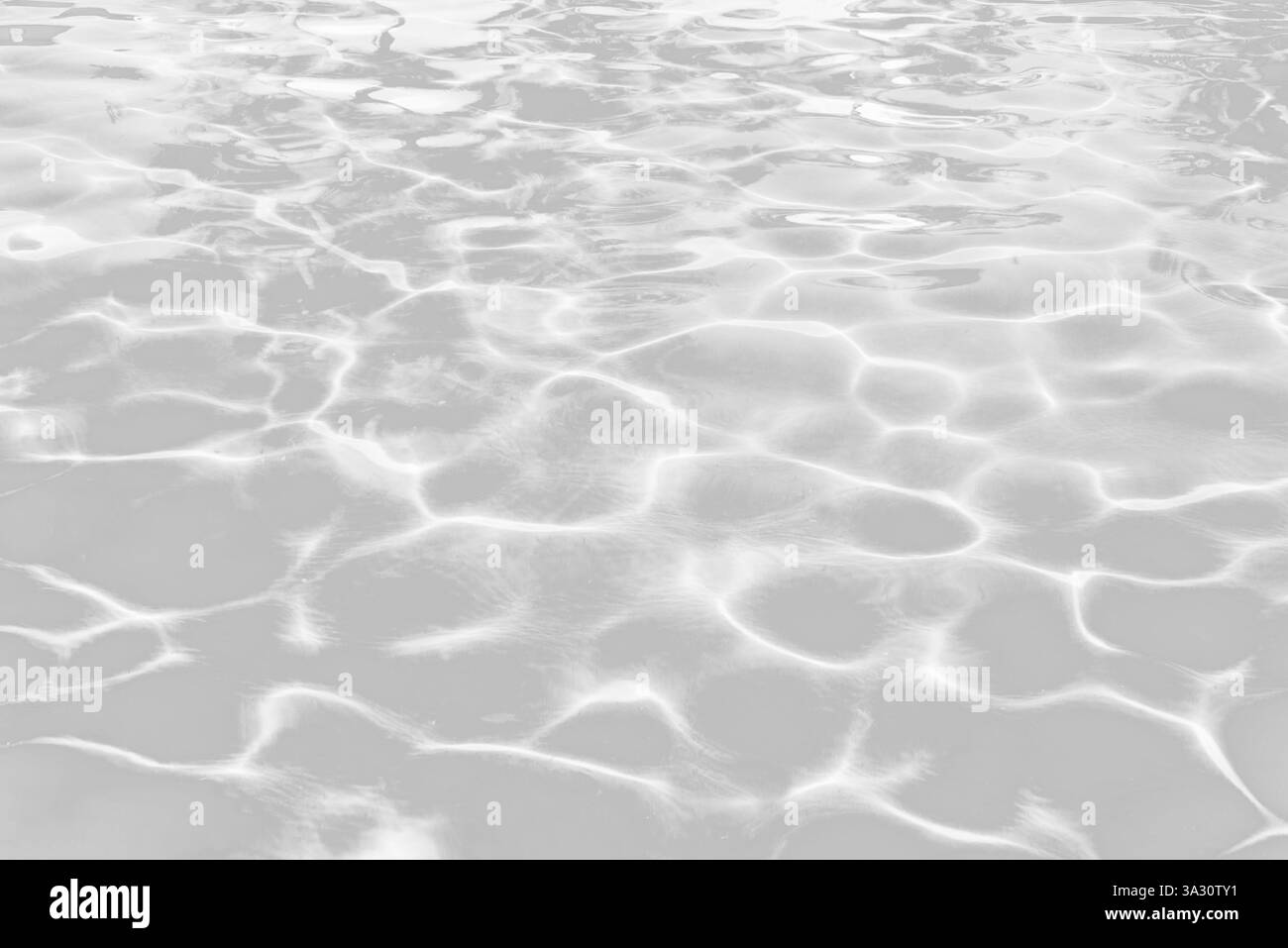Consistenza di ondulazioni reali dell'acqua, riflessi del sole sovrapposizione con motivi d'acqua della piscina, isolata su sfondo bianco o trasparente Foto Stock