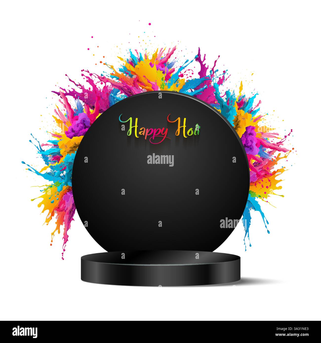 Buon podio Holi, Festival indiano dei colori. Spruzzi di colori vivaci. Esplosione di polveri colorate, podio 3d per la progettazione dell'esposizione dei prodotti, isolamento vettoriale Illustrazione Vettoriale