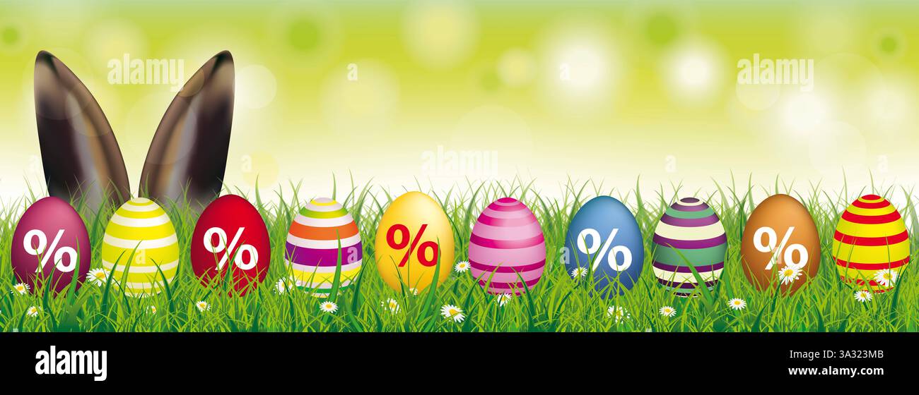 Uova di Pasqua per cento orecchie coniglietto primaverile intestazione fiori bianchi nell'erba con uova pasquali colorate e orecchie lepre sullo sfondo bokeh. Foto Stock