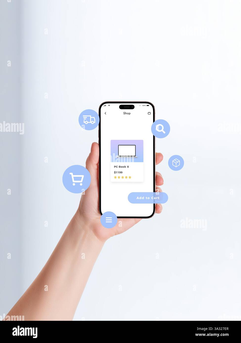 Vista frontale dello smartphone con impugnatura, dell'app del negozio online visualizzata sullo schermo con prezzo e classificazione del notebook, icone di eCommerce fluttuanti che rappresentano il digitale Foto Stock