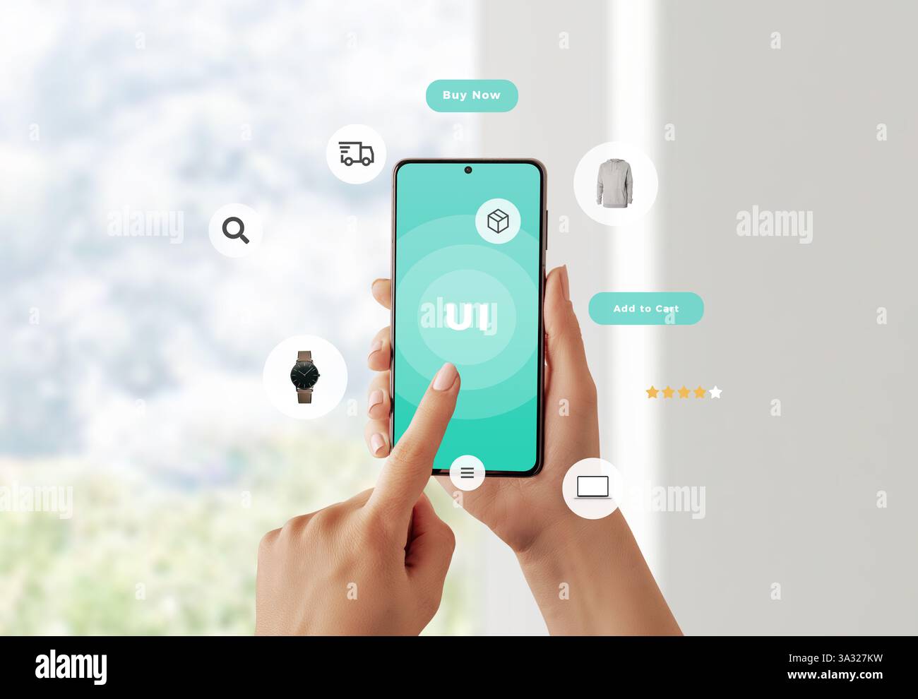 Mano che tiene lo smartphone con interfaccia utente sullo schermo, concetto di creazione di un'app per lo shopping online, elementi di eCommerce mobili e icone dei prodotti surroun Foto Stock