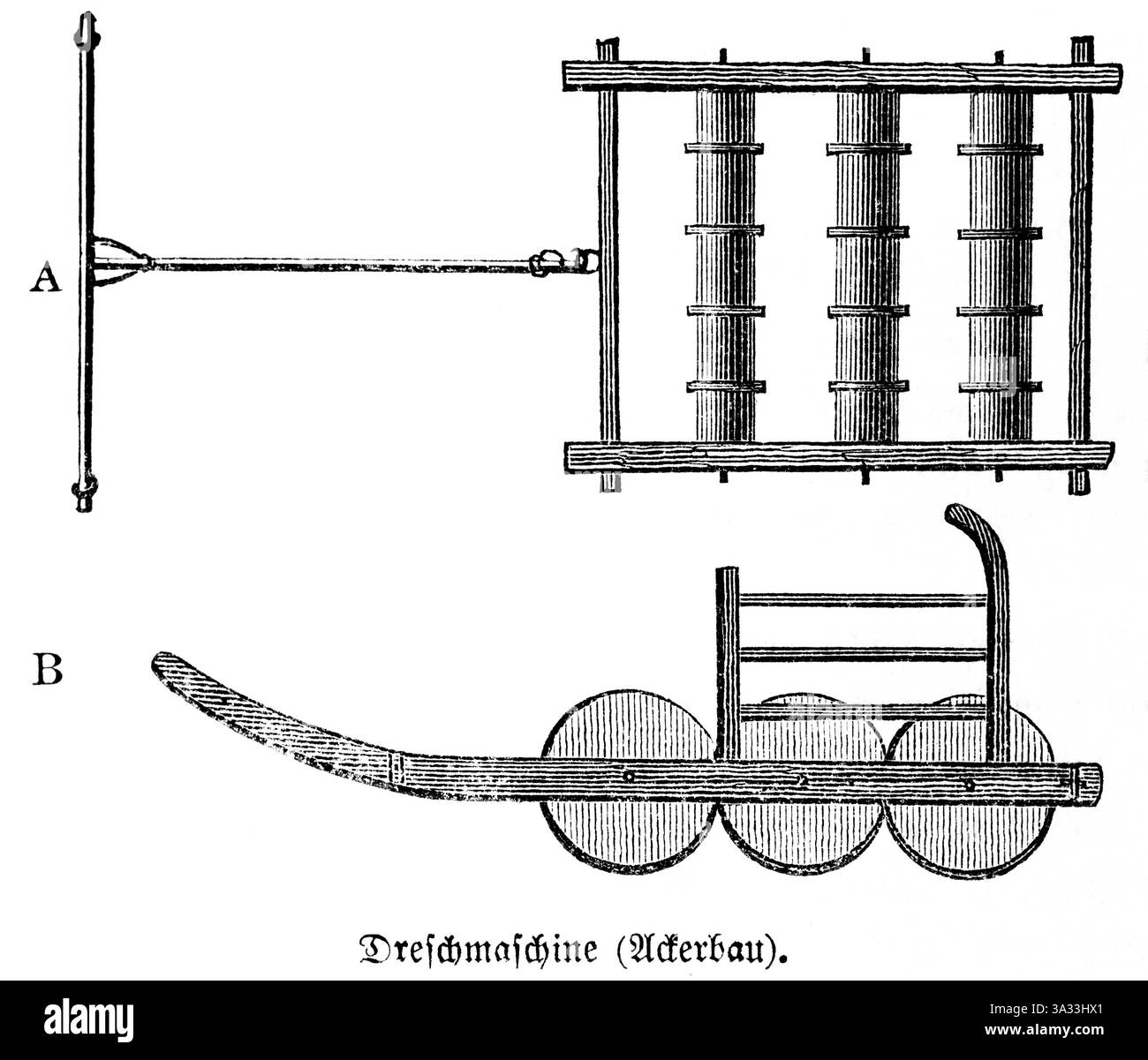Trebbiatrice per l'agricoltura con pezzi di ferro sui rulli (A) o dentati, ruote di ferro (macchina B), Libro dei giudici, Bibbia, illustrazione storica Foto Stock