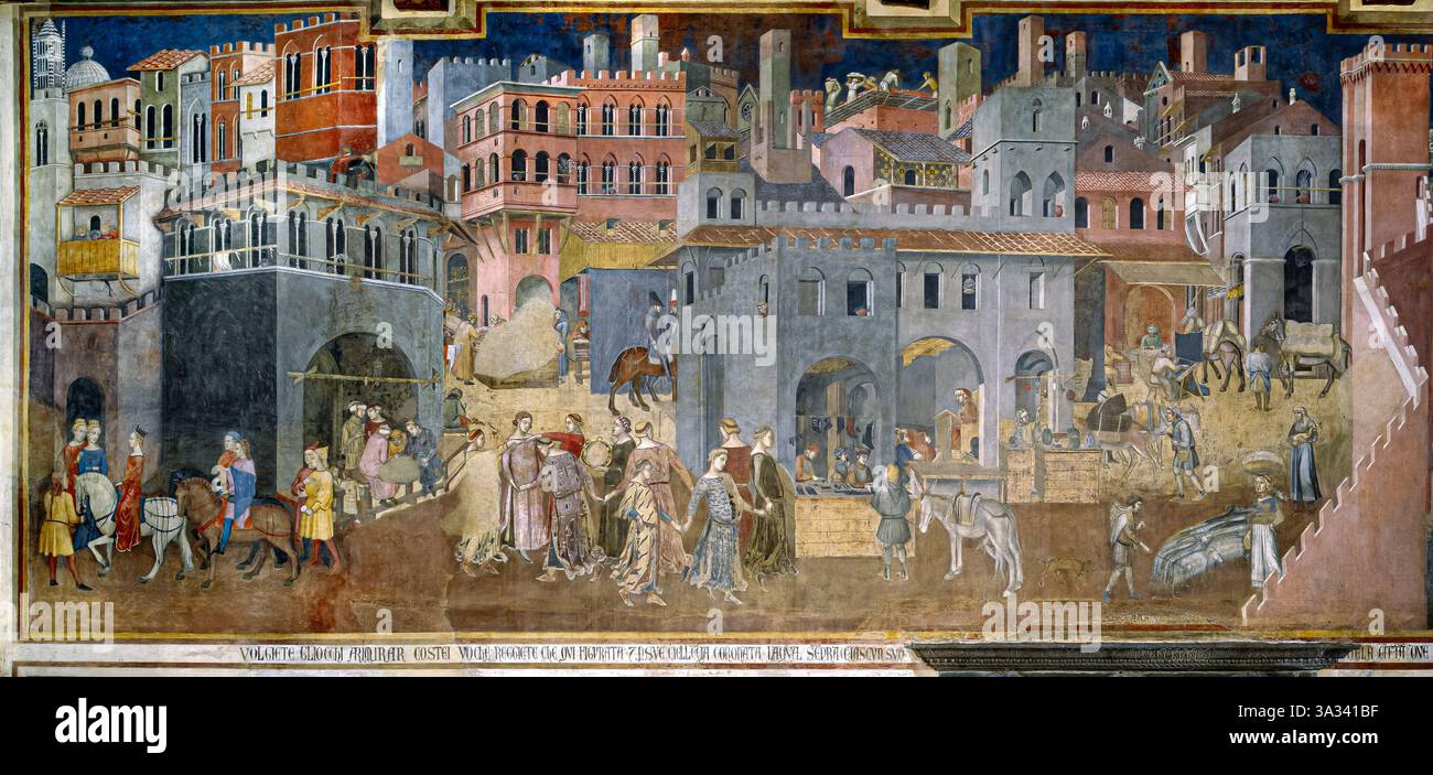 Ambrogio Lorenzetti, effetto del buon governo nella città (parte dell'Allegoria del buon e cattivo governo) 1339, affresco; Palazzo pubblico di Siena, Tus Foto Stock