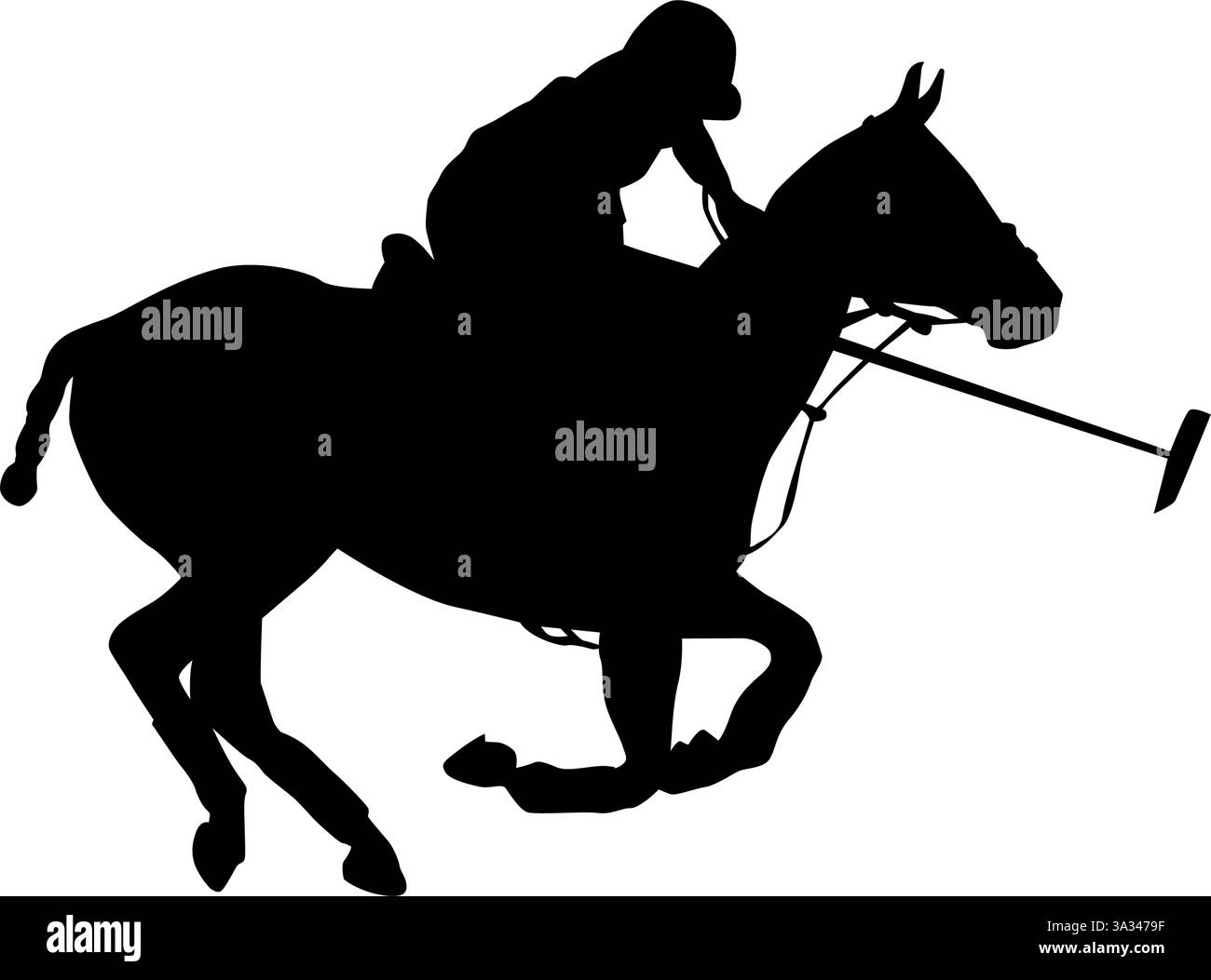Silhouette di un veloce pilota di Polo che regge una mazzetta, sport ippico Illustrazione Vettoriale
