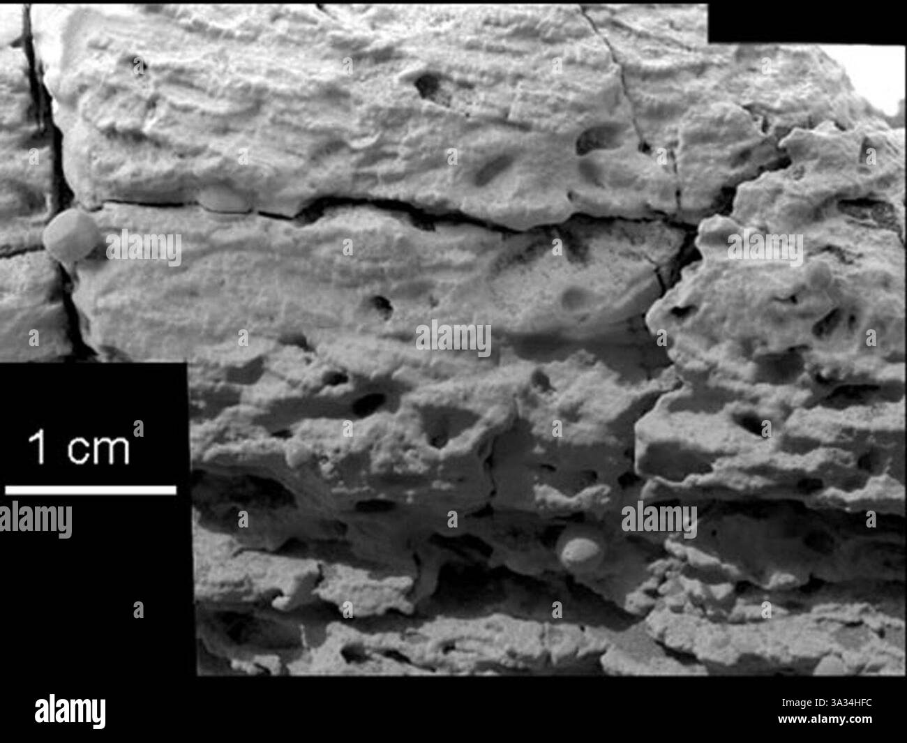 23 marzo 2004; Edwards, CA, Stati Uniti; prove di crossbedding per l'origine subacquea le interpretazioni dei modelli di laminazione incrociata presentati come indizi dell'origine di questa roccia marziana sotto l'acqua corrente sono segnate sulle immagini scattate dalla fotocamera panoramica e dall'imager microscopico sull'opportunità della NASA. Le frecce rosse puntano a caratteristiche che suggeriscono la laminazione incrociata all'interno di una roccia chiamata "Last Chance" in un'immagine panoramica scattata a una distanza di 4,5 metri durante il 17° sol di Opportunity (10 febbraio 2004). Gli insiemi di strati sottili dedotti ad angolo l'uno rispetto all'altro (lamine trasversali) sono fino a 1,4 cen Foto Stock