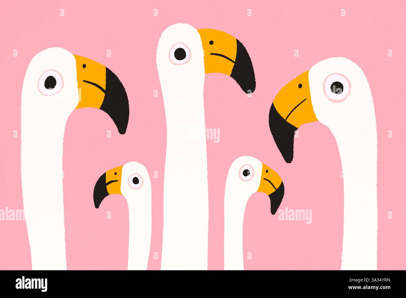 Un'illustrazione stravagante di fenicotteri su sfondo rosa pastello. Il design minimalista presenta forme audaci e colori brillanti, perfetti per te Foto Stock