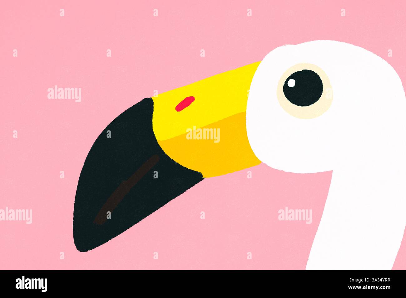 Questa illustrazione minimalista presenta la testa di un fenicottero con un becco giallo brillante su uno sfondo rosa tenue, evidenziandone i colori audaci. Perfe Foto Stock