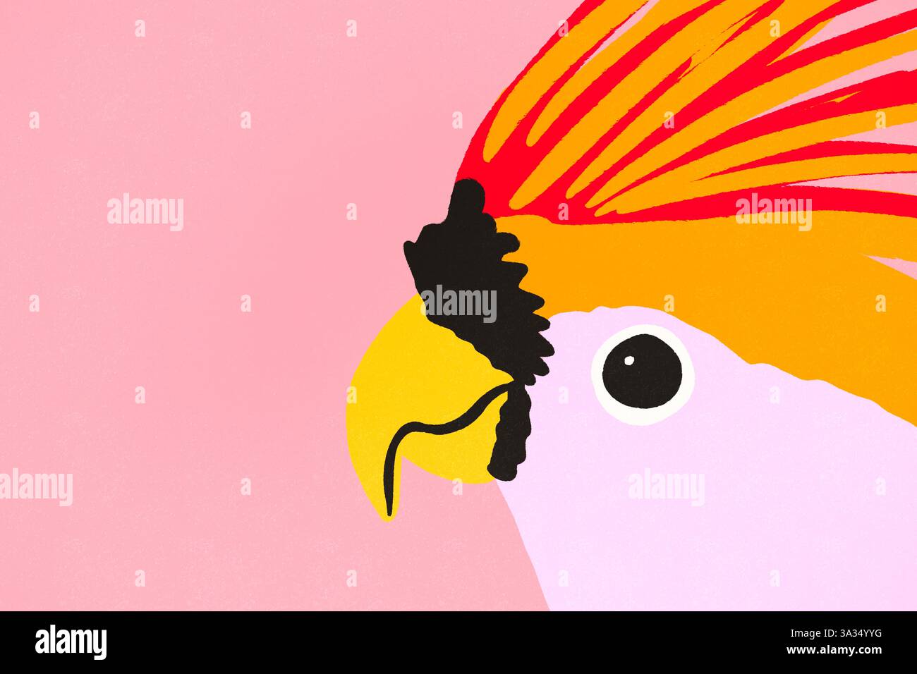 Un'illustrazione colorata di un cockatoo con un'impressionante cresta arancione su un morbido sfondo rosa. I colori audaci e il design giocoso creano un ambiente vivace e vivace Foto Stock