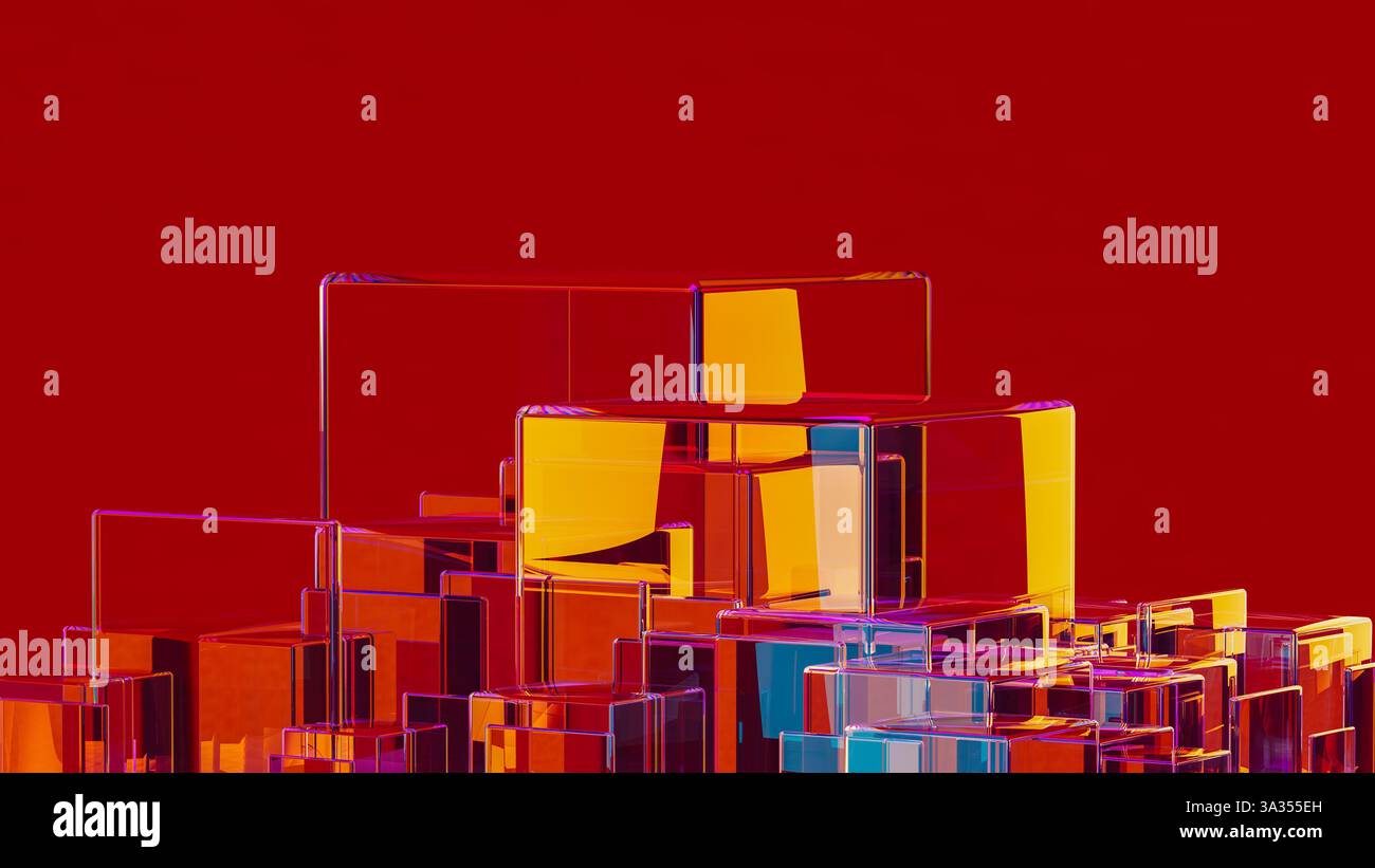 Questa composizione presenta una disposizione di forme geometriche trasparenti sullo sfondo di un vivace sfondo rosso, che mette in risalto la tecnologia moderna. Foto Stock