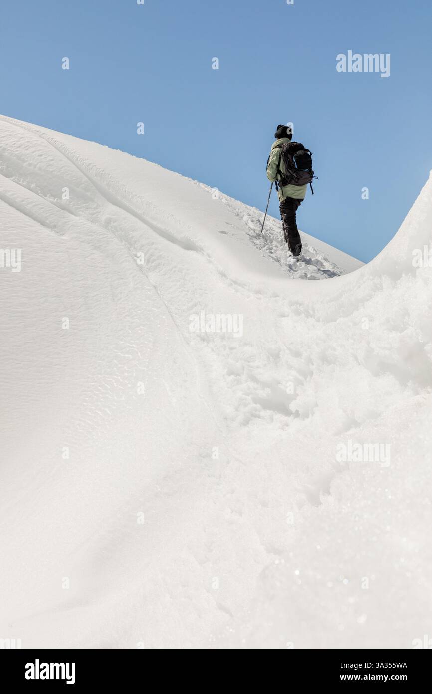 Vista posteriore di un arrampicatore irriconoscibile che sale su un pendio di montagna ripido e innevato, utilizzando pali per sostenerlo sotto un cielo azzurro. Foto Stock