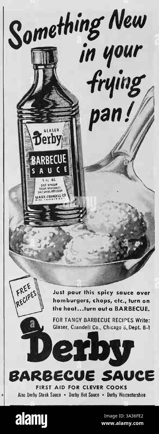 1948 pubblicità per Derby Barbecue Sauce: Utilizzo della salsa in una padella con hamburger, costolette o "ole" e ricette gratuite Foto Stock