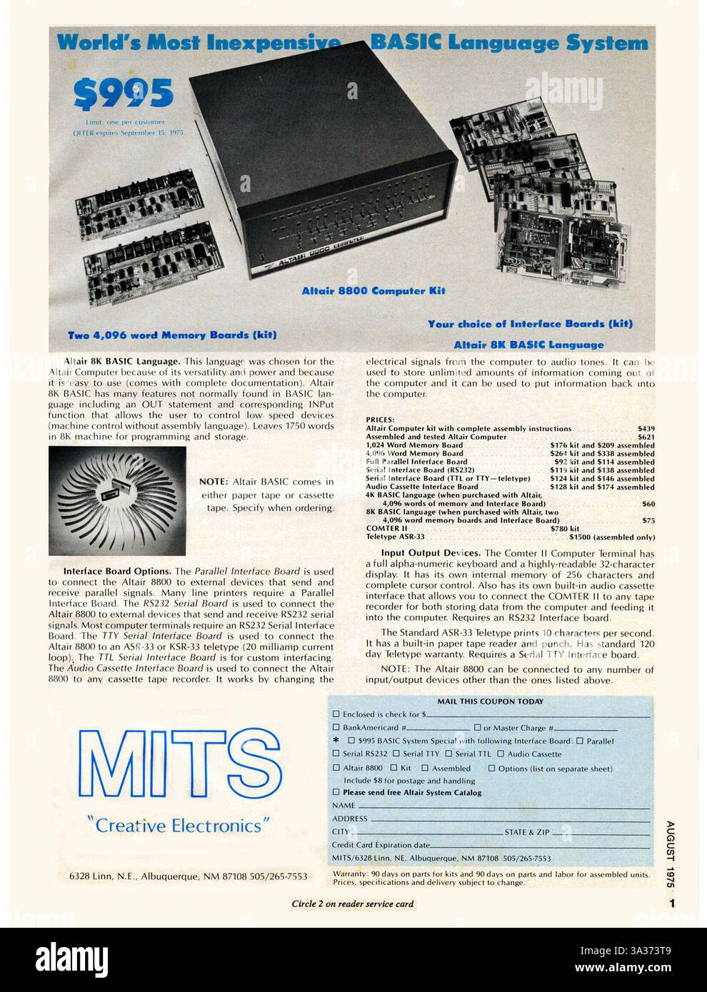 1975 annuncio per MITS Altair 8800 computer - il primo home computer di successo commerciale Foto Stock