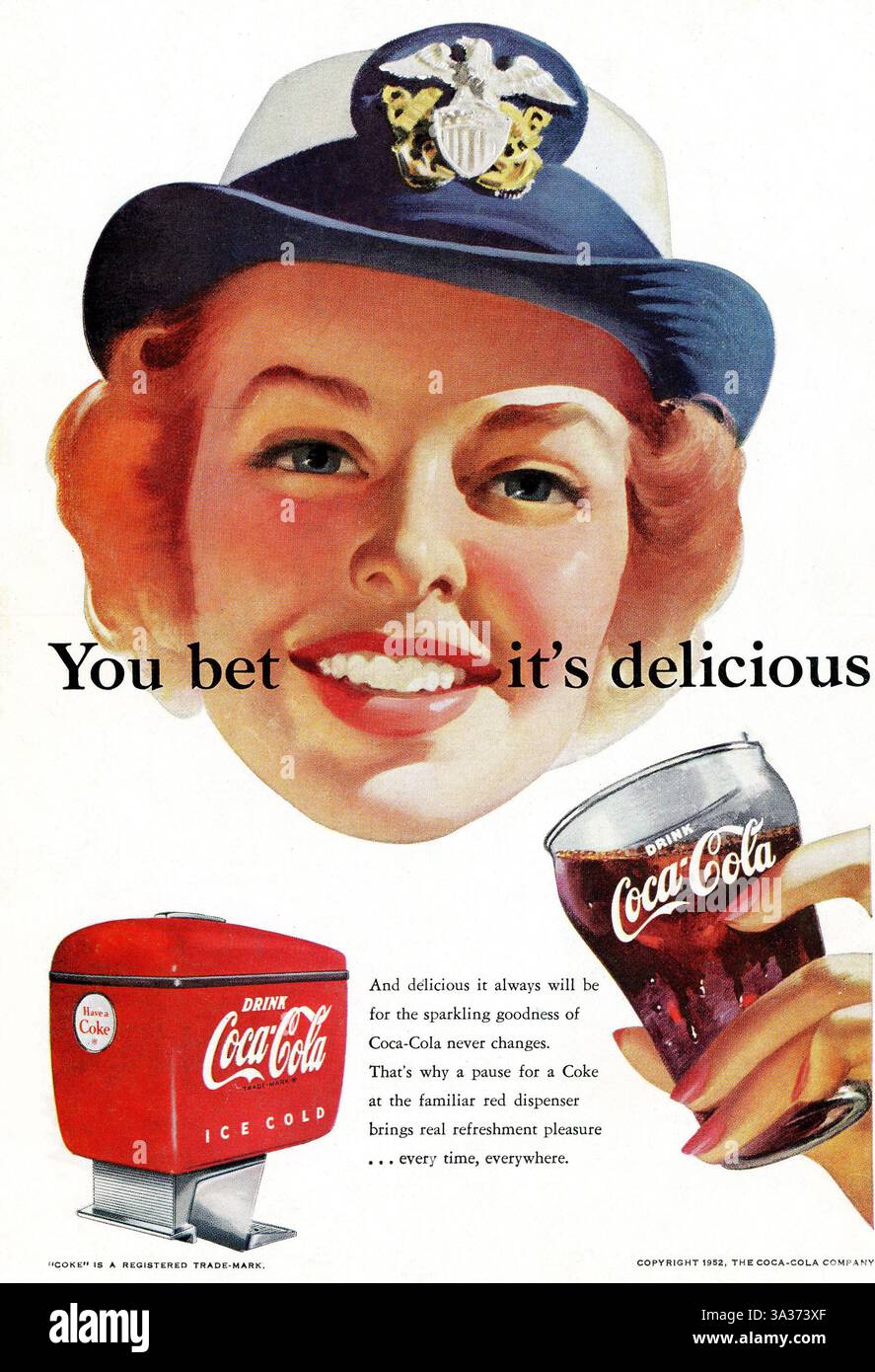 1952 Coca-Cola ad feat. Soldato donna "You Bet IT's Delicious" Foto Stock
