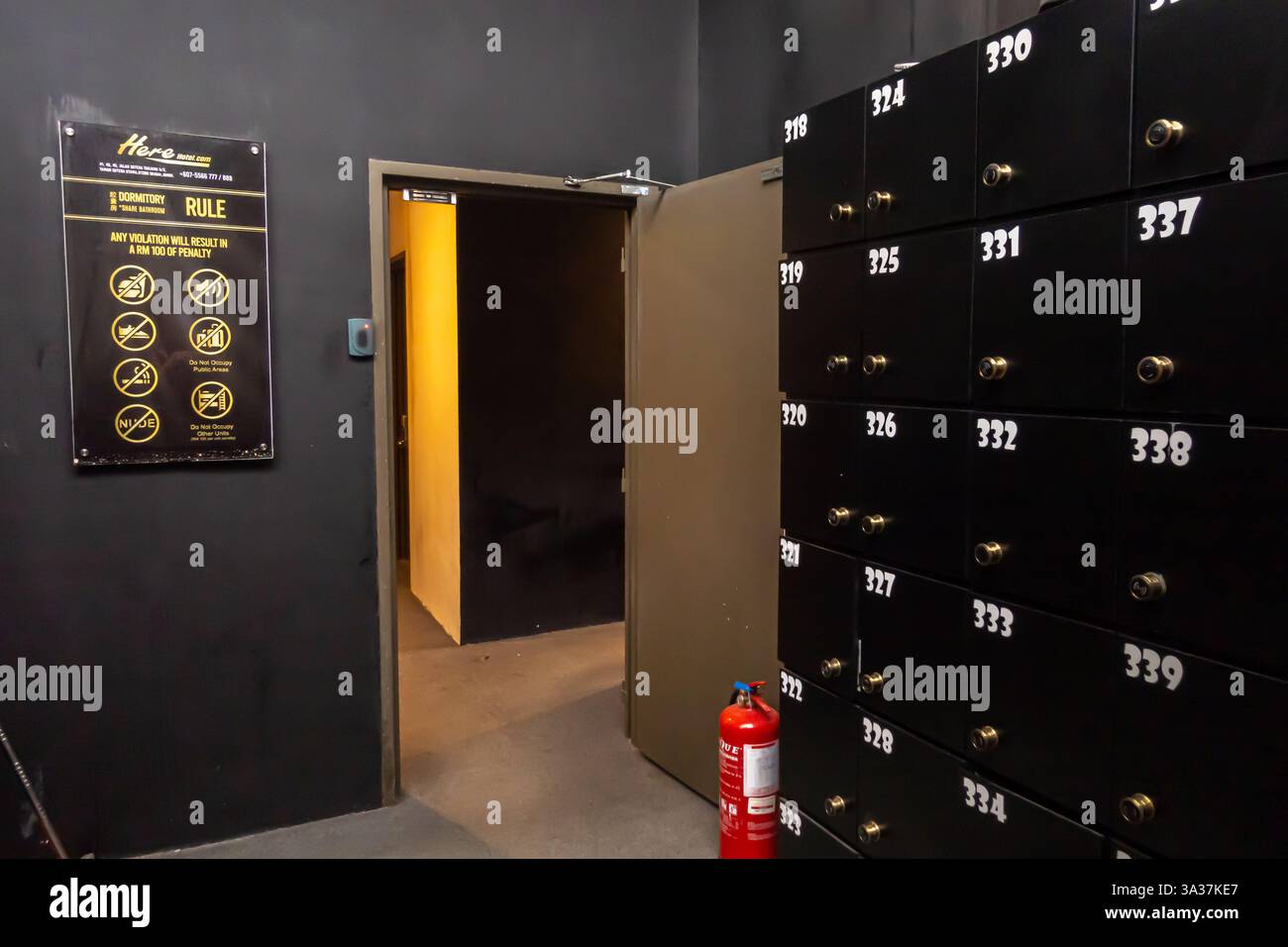 muro con armadietti numerati da 110 a 119, porta aperta verso un'altra stanza, estintore vicino alla porta, e l'insieme delle regole, l'hotel Foto Stock
