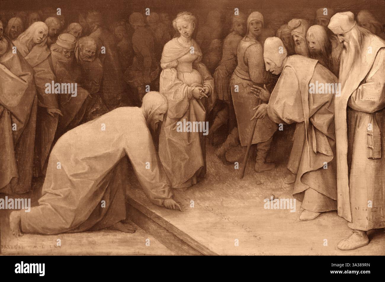 Pieter Bruegel il Vecchio dipinto; Bruegel, 'Cristo e la donna presi in adulterio', 1565, artista Cutch del XVI secolo, tecnica Grisaille sfumature grigie Foto Stock