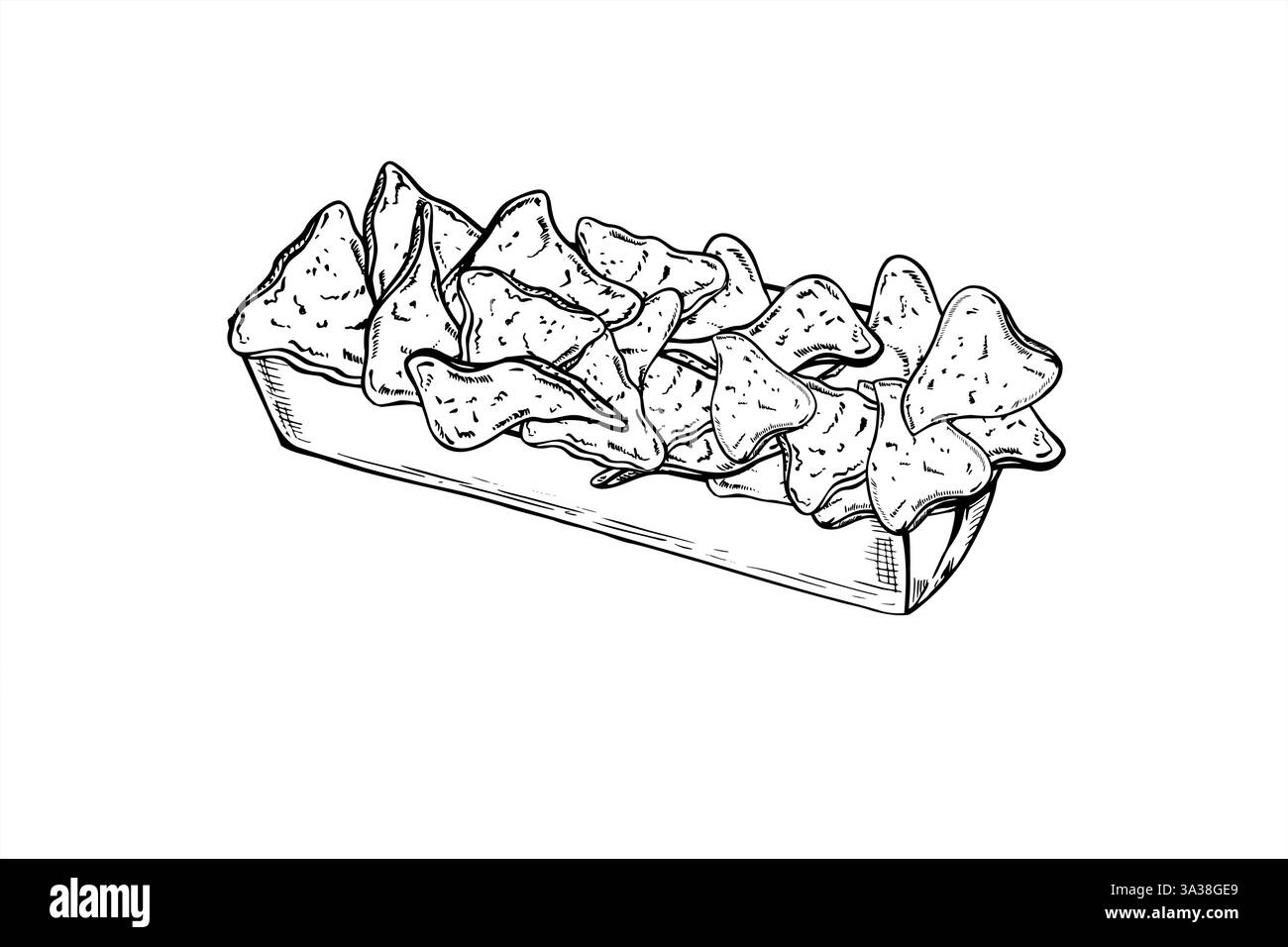 Trucioli di nachos di mais triangolare in vassoio di cartone monouso rettangolare linea vettoriale art schizzo a inchiostro nero. Snack croccante monocromatico disegnato a mano su carta Illustrazione Vettoriale