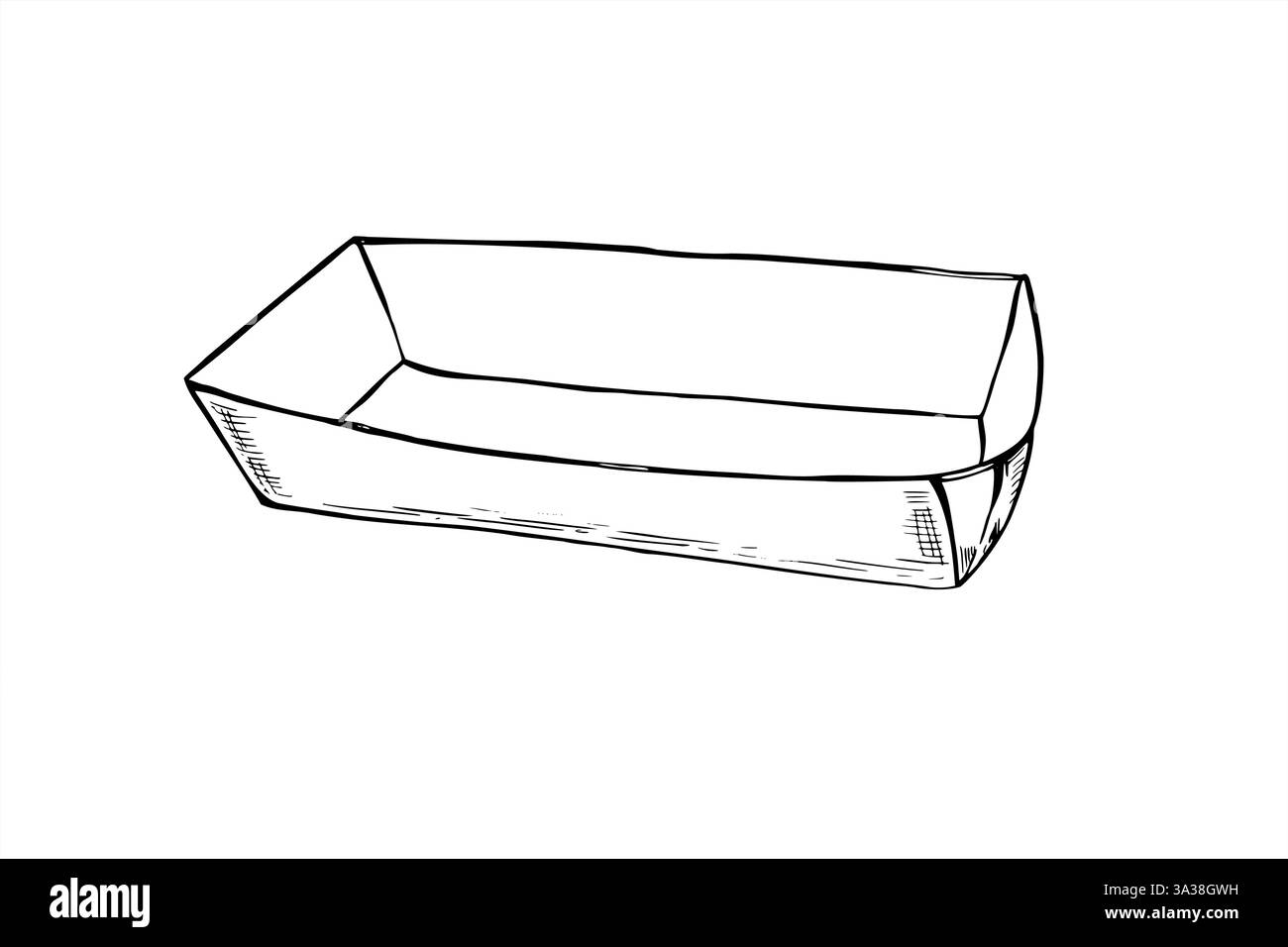 Vassoio di cartone piccolo vuoto per frutta o fast food, patatine e patatine fritte disegnate con inchiostro nero. Contenitore monouso monocromatico Illustrazione Vettoriale