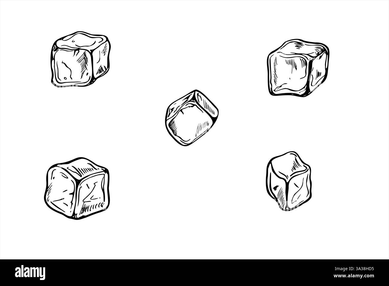 Cubetti di ghiaccio singoli vettoriali monocromatici con bordi lisci, illustrazioni dipinte con inchiostri neri. Estrazione con acquaforte di succo congelato o cubetto d'acqua per bevande. Illustrazione Vettoriale