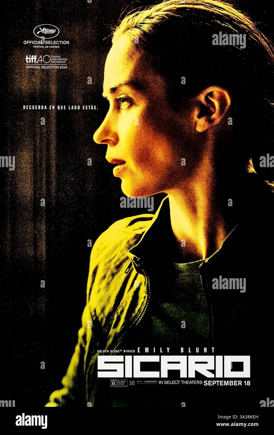 Sicario (2015) diretto da Denis Villeneuve e interpretato da Emily Blunt, Benicio del Toro e Josh Brolin. Un avvincente thriller criminale che segue un agente idealista dell'FBI si è arruolato per aiutare nell'escalation della guerra contro la droga lungo il confine tra Stati Uniti e Messico, dove moralità e giustizia si confondono. Fotografia di un poster originale a 2015 caratteri USA ***SOLO PER USO EDITORIALE***. Credito: BFA / Lionsgate. Foto Stock