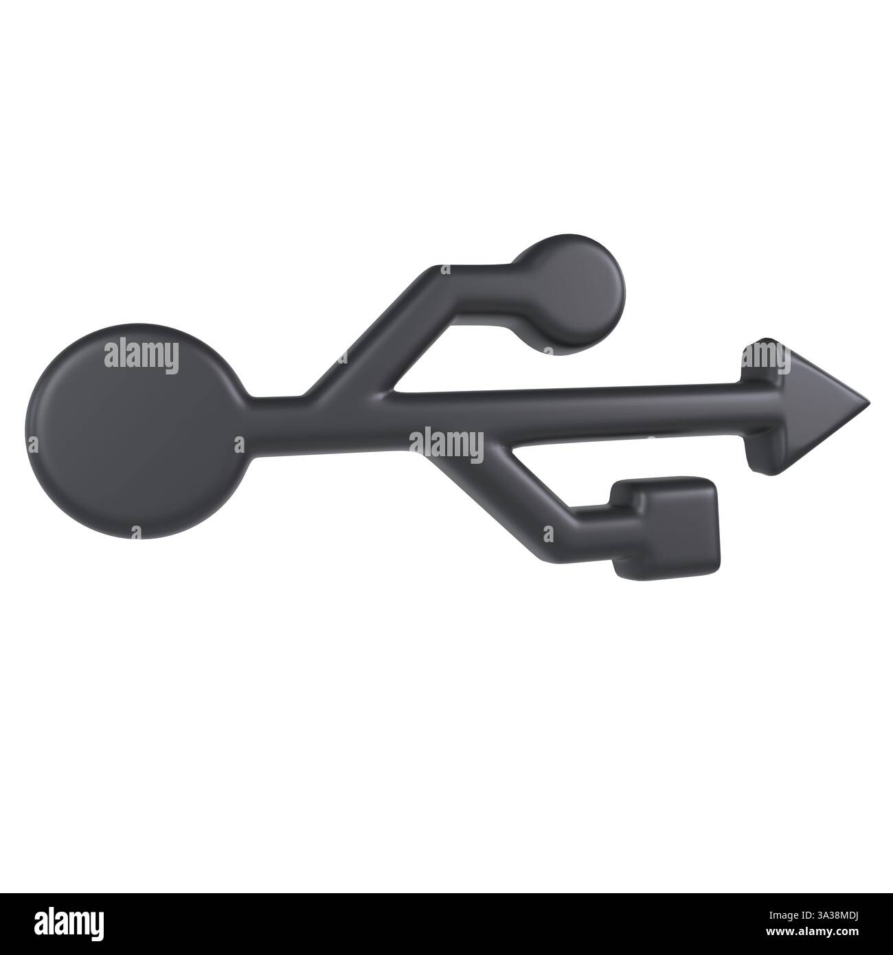 Un simbolo USB nero viene visualizzato in modo prominente su uno sfondo bianco, evidenziandone la forma e i dettagli. Foto Stock