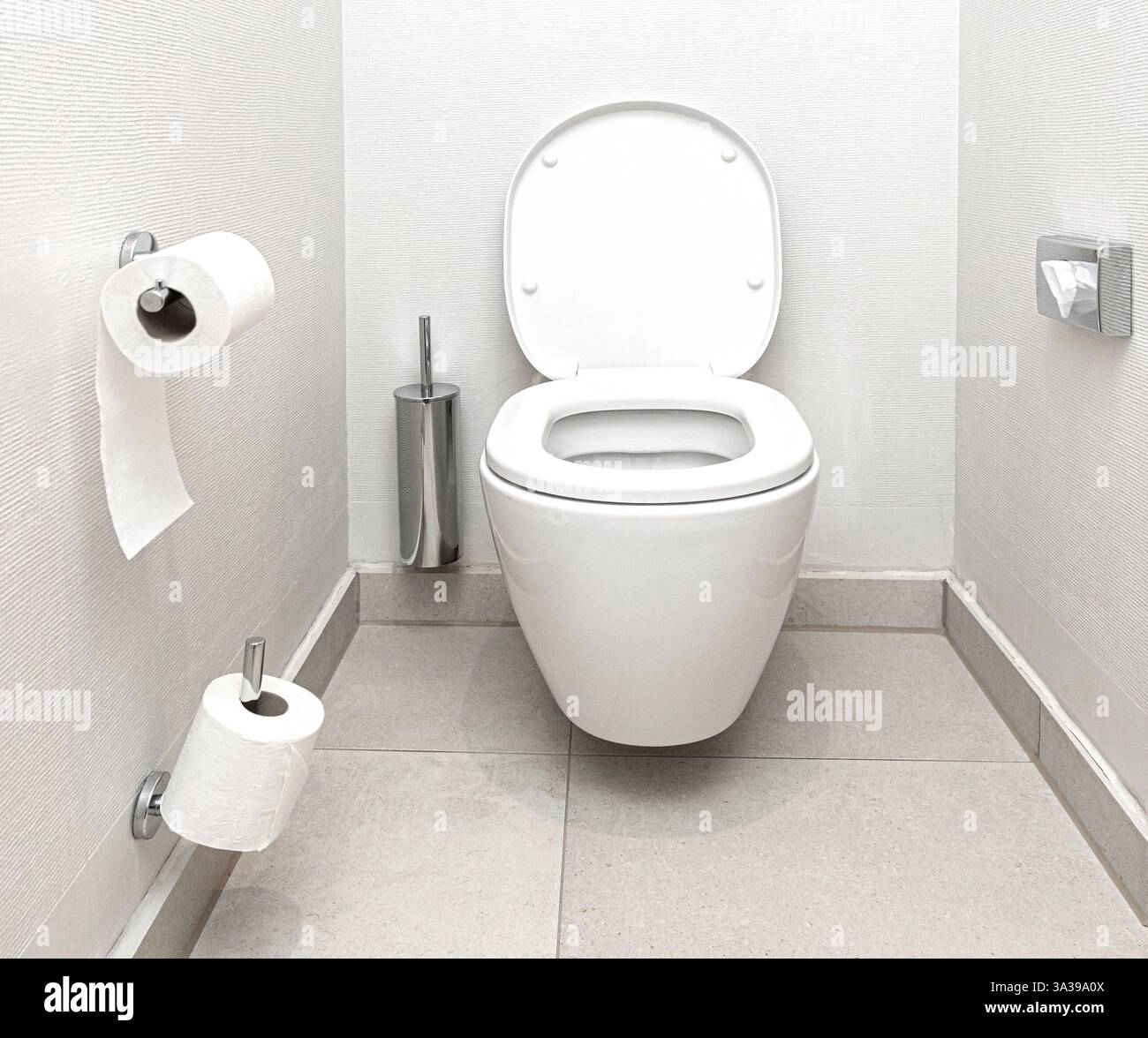 Un bagno moderno, pulito e nuovo, con coperchio aperto e rotoli di carta igienica Foto Stock