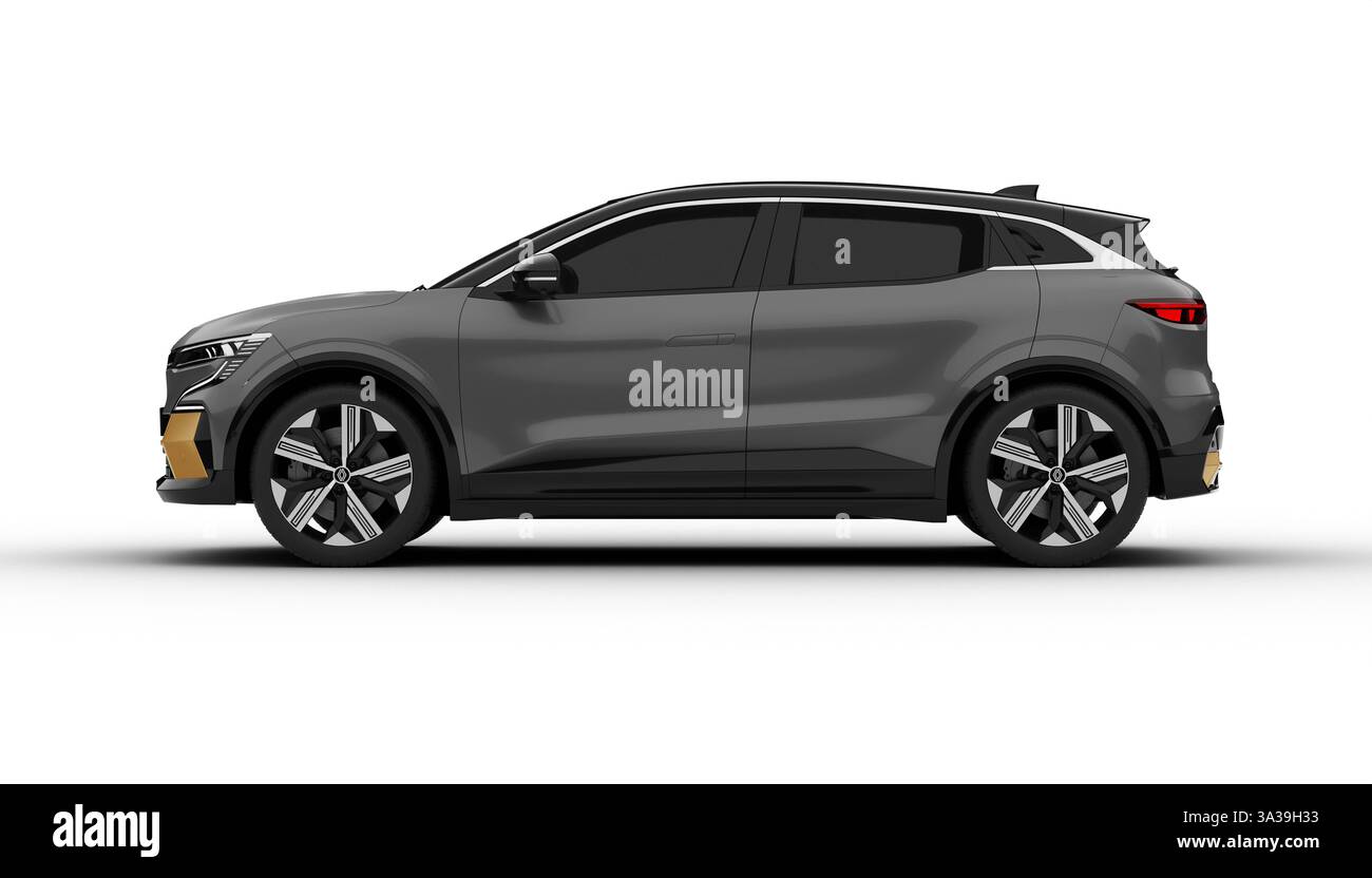 Izmir, Turchia - 14 marzo 2025: Vista laterale completa Renault Megane e-Tech grigia, che mette in risalto la silhouette essenziale e l'estetica moderna in un 3D realistico Foto Stock