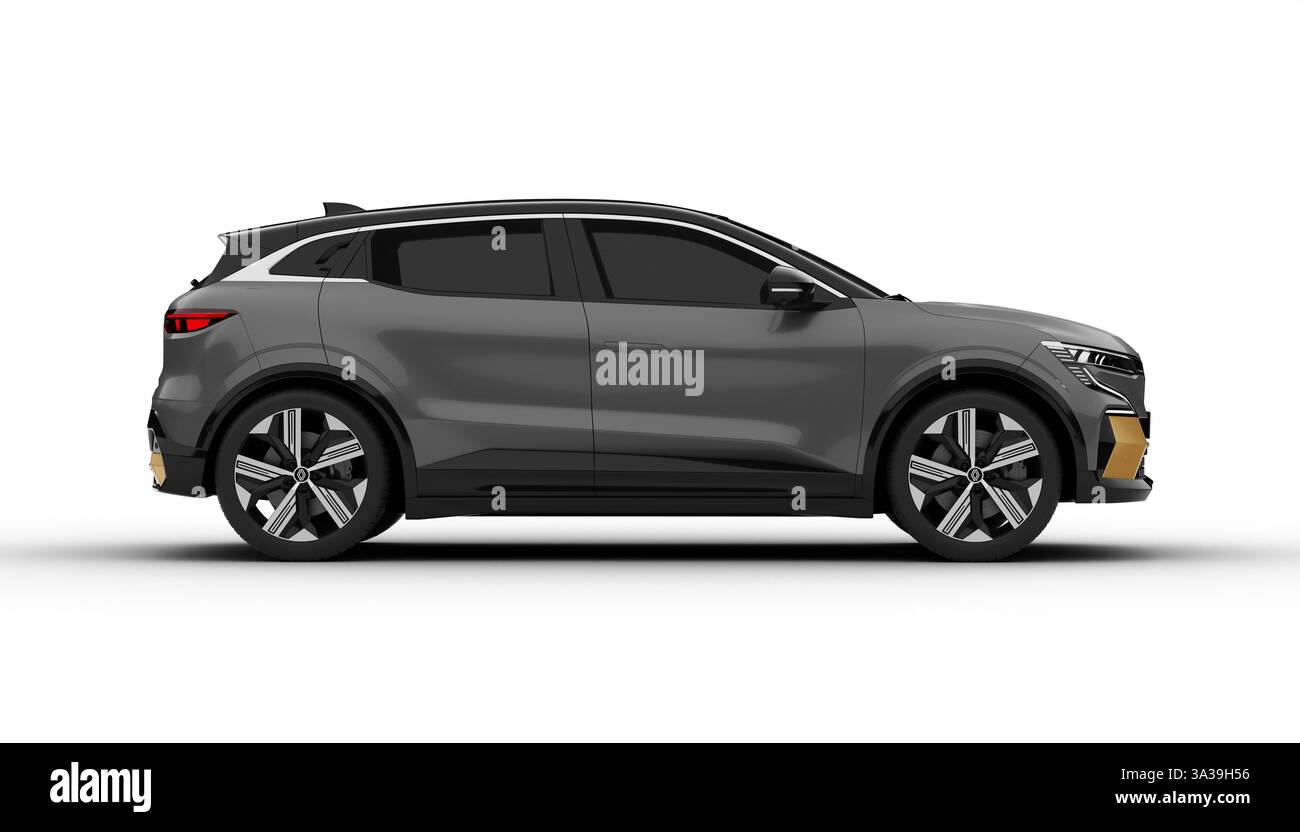 Izmir, Turchia - 14 marzo 2025: Renault Megane e-Tech grigia con vista completa sul lato destro, che mostra le sue linee pulite e il design moderno delle auto elettriche in un design di alta qualità Foto Stock