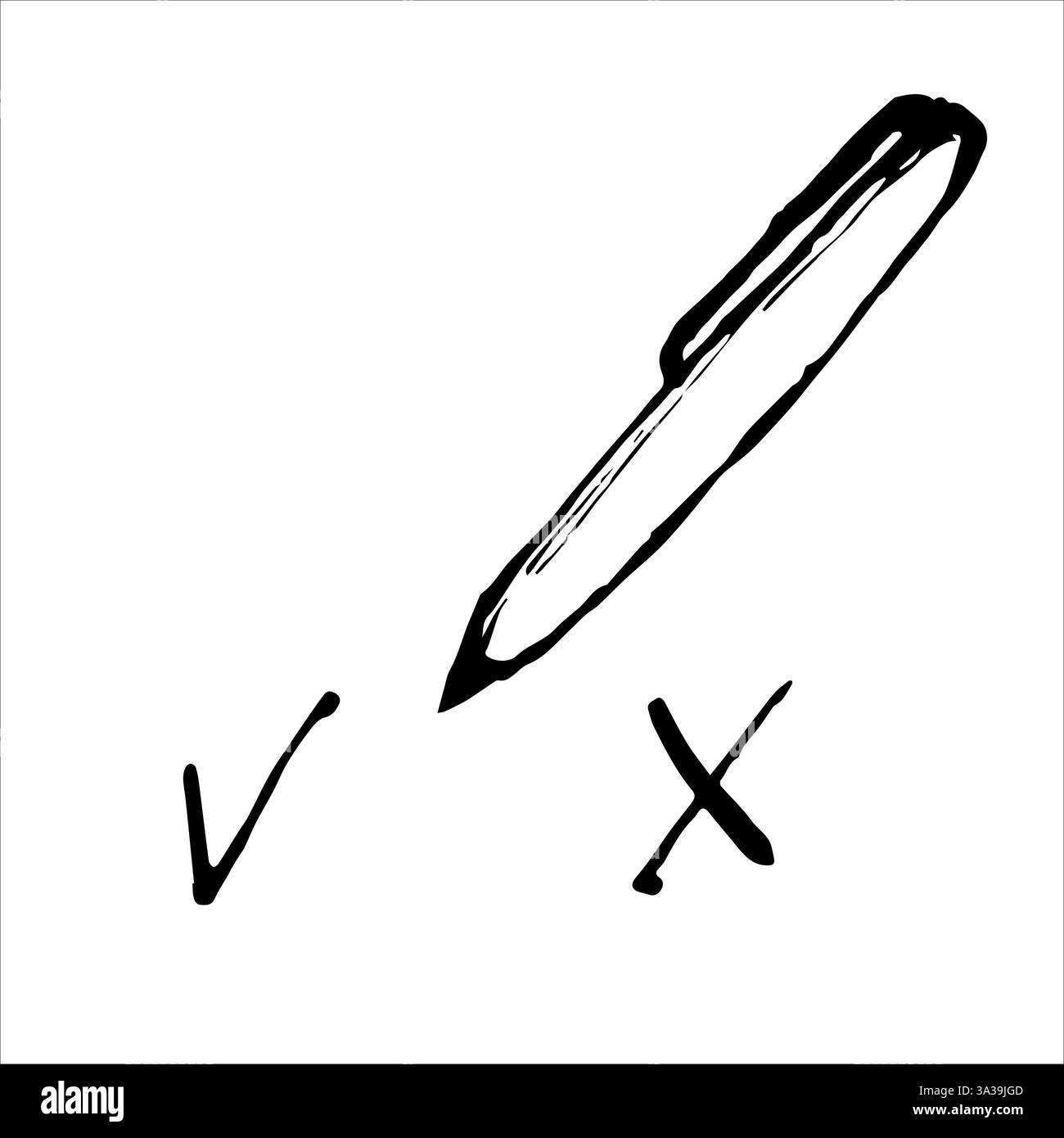 Schizzo con penna a sfera dipinto con inchiostro nero. Disegno del contorno della penna dipinto da inchiostri neri. Illustrazione vettoriale disegnata a mano su bianco. Segno di spunta monocromatico disegnato a mano Illustrazione Vettoriale