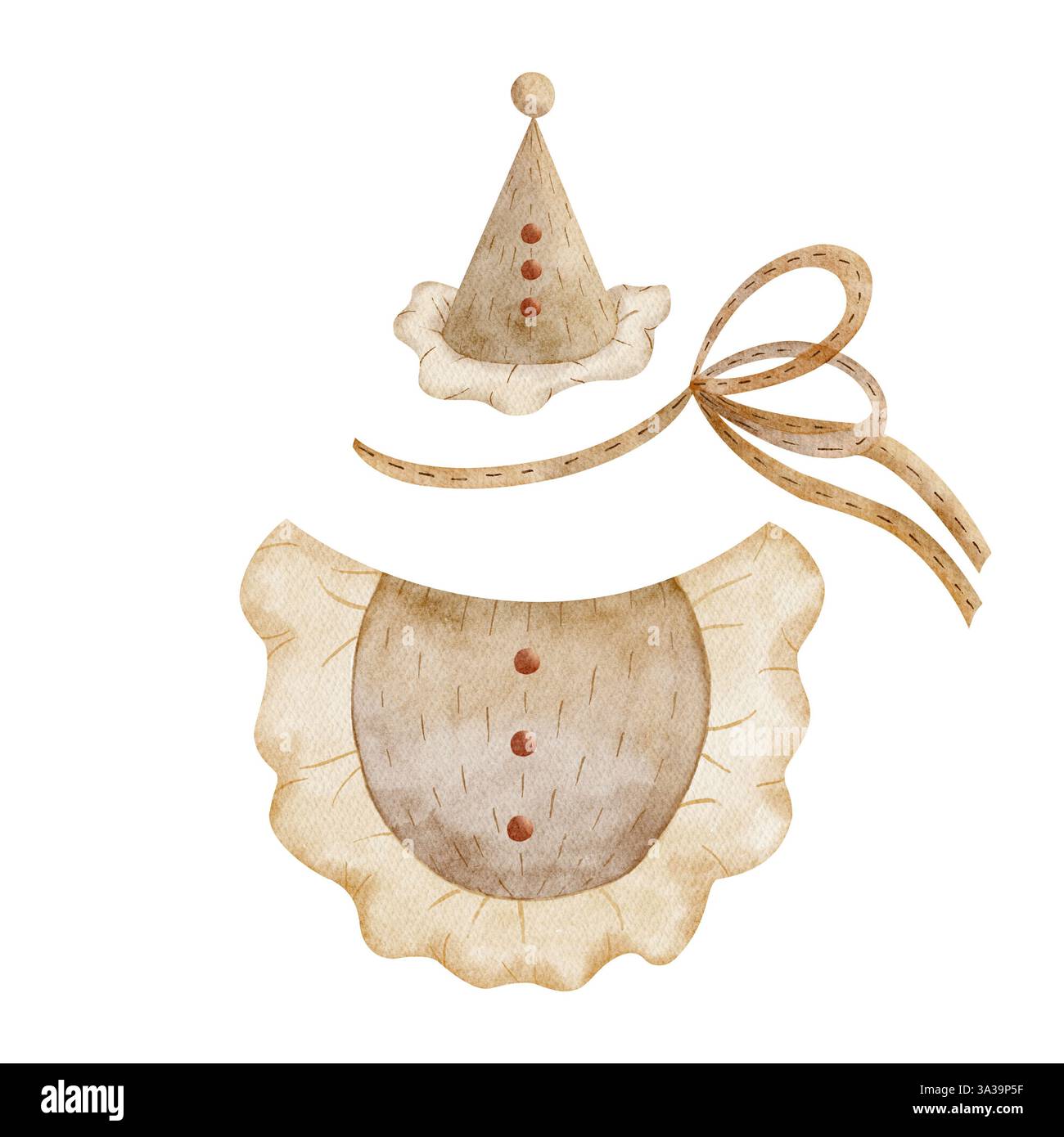 Cappello da festa, colletto, fiocco vintage. Vestito per bambola, orsacchiotto, giocattoli. Illustrazione disegnata a mano con acquerello su sfondo bianco isolato per bambini Foto Stock