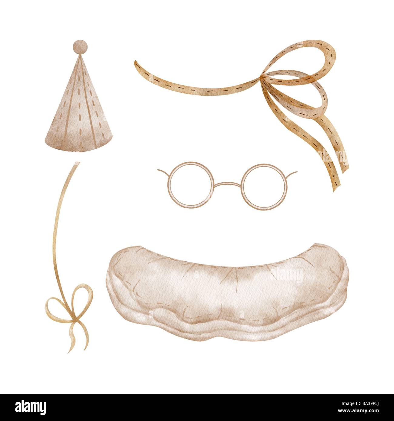 Set retrò di abiti, cappello da festa, fiocco da collo. Vestito per bambola, orsacchiotto, giocattoli, clown. Acquerello illustrazione disegnata a mano su isolato per abiti per bambini Foto Stock