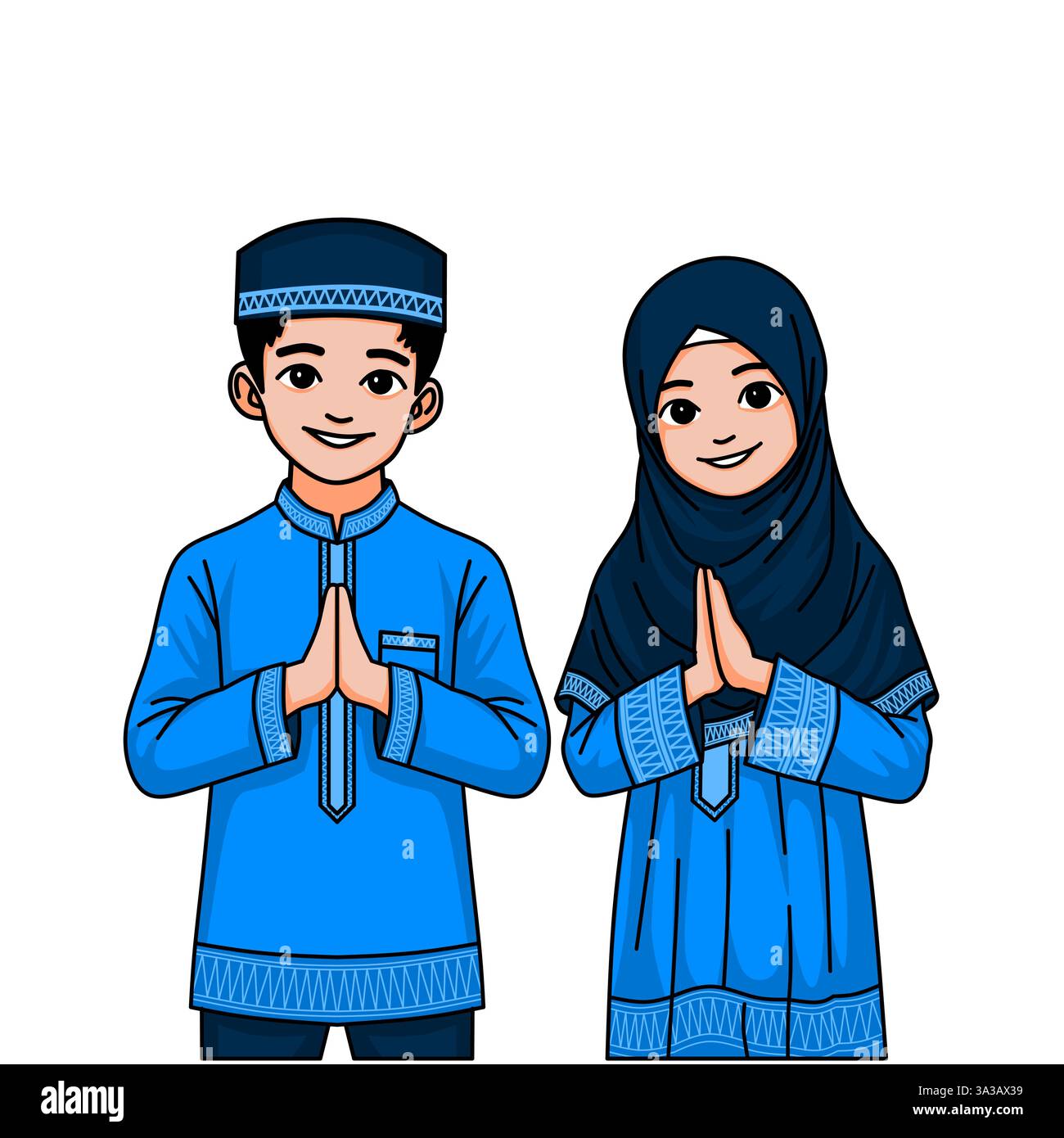 Un sorridente ragazzo e ragazza musulmana in tradizionale abbigliamento blu salutano con un gesto rispettoso. Festeggiamo Eid Mubarak. Illustrazione Vettoriale